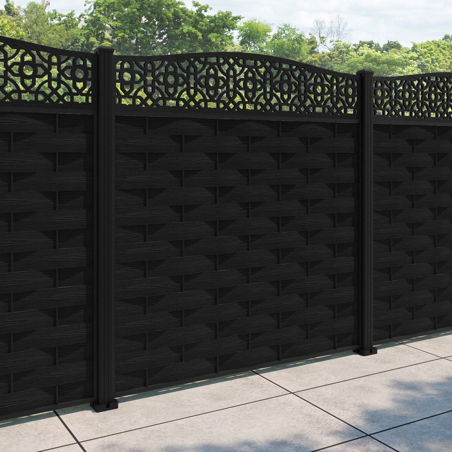 Ripple Nabila Curved Top Fence Panel - Black - with our aluminium posts