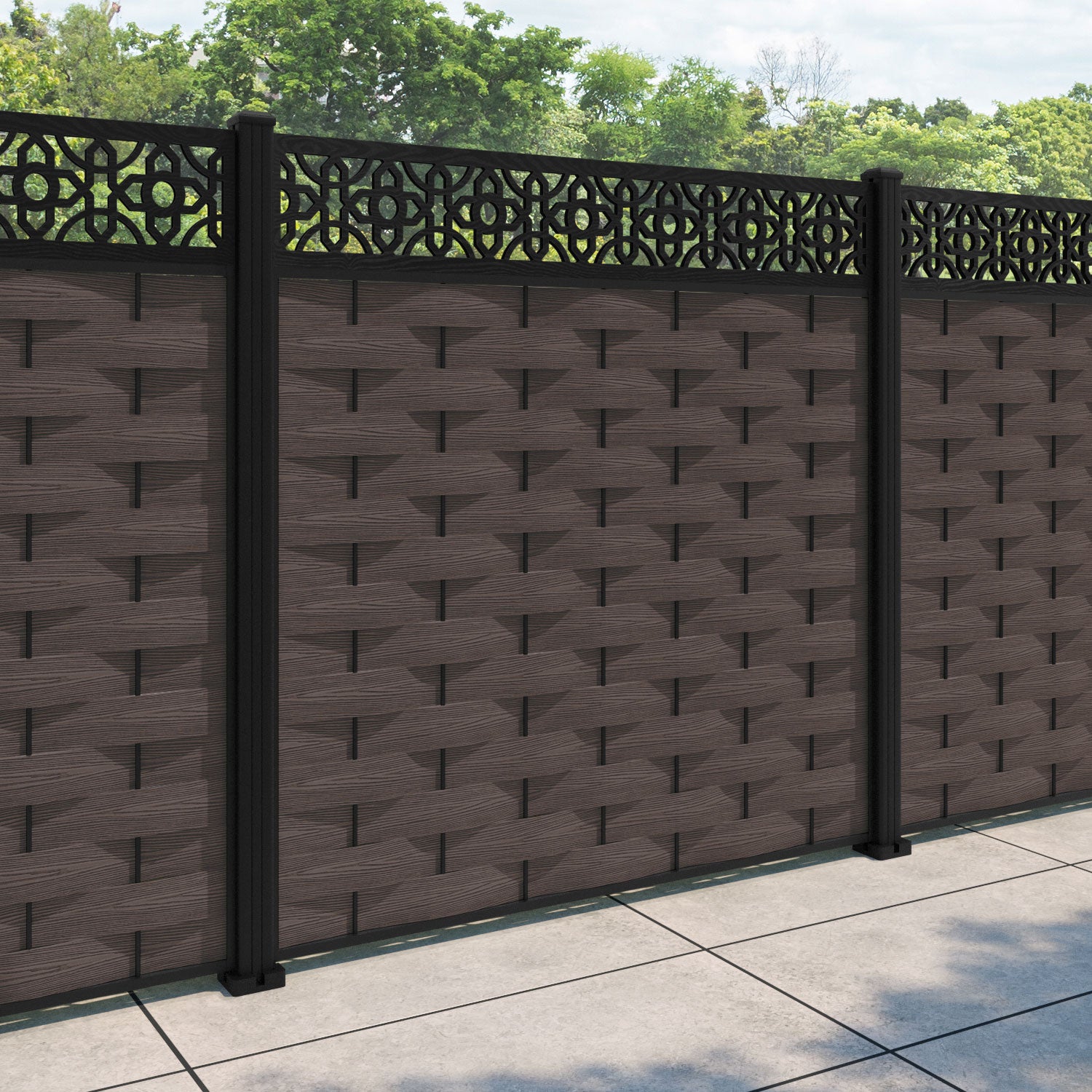Ripple Nabila Fence Panel - Mid Brown - with our aluminium posts