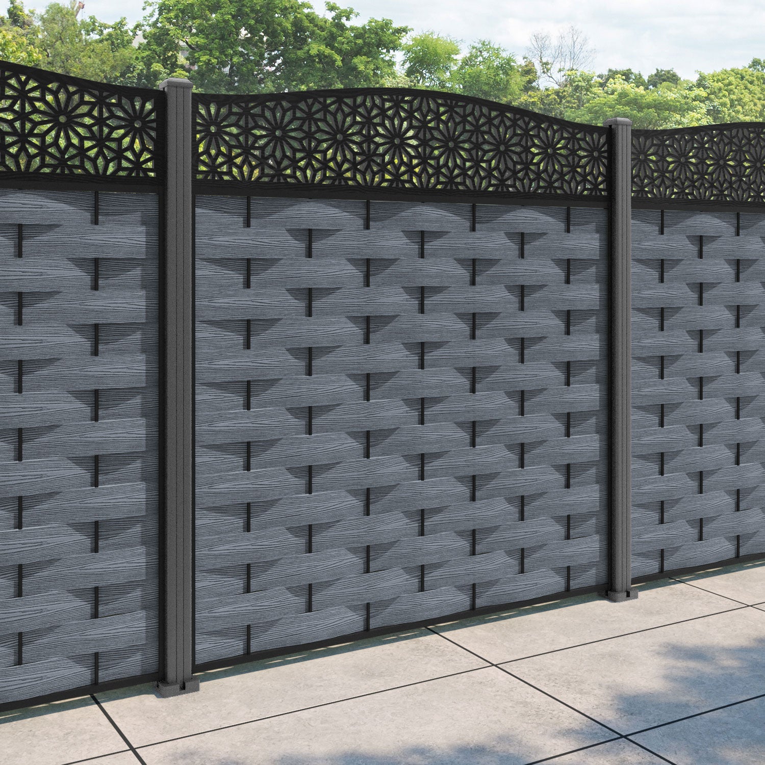 Ripple Narwa Curved Top Fence Panel - Anthracite - with our aluminium posts