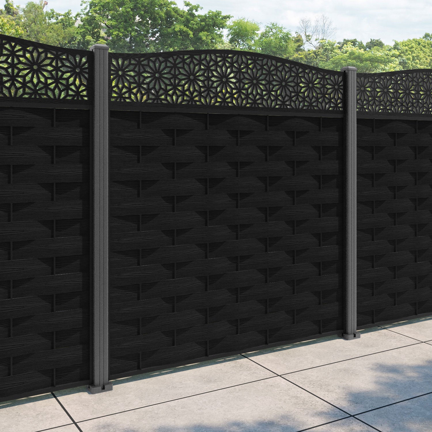 Ripple Narwa Curved Top Fence Panel - Black - with our aluminium posts