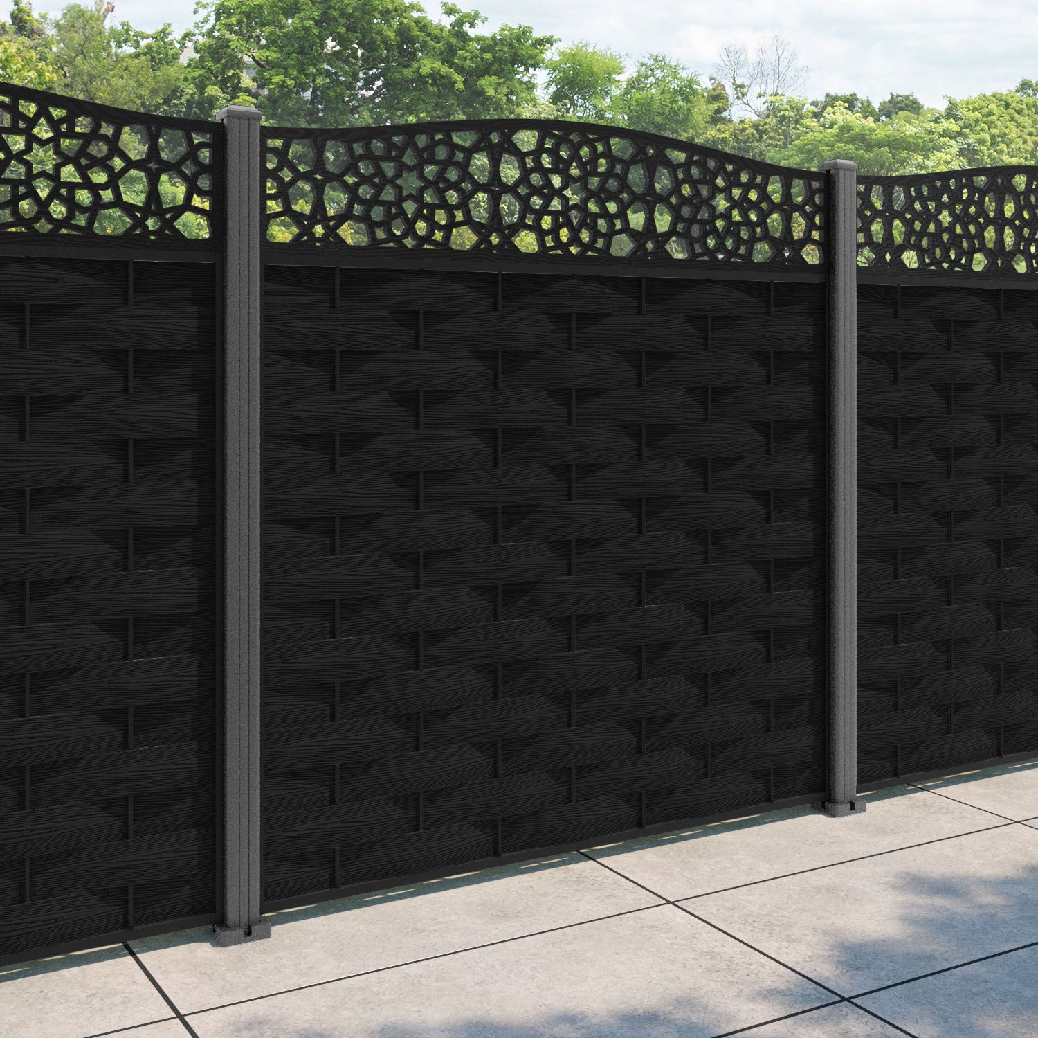 Ripple Nazira Curved Top Fence Panel - Black - with our aluminium posts