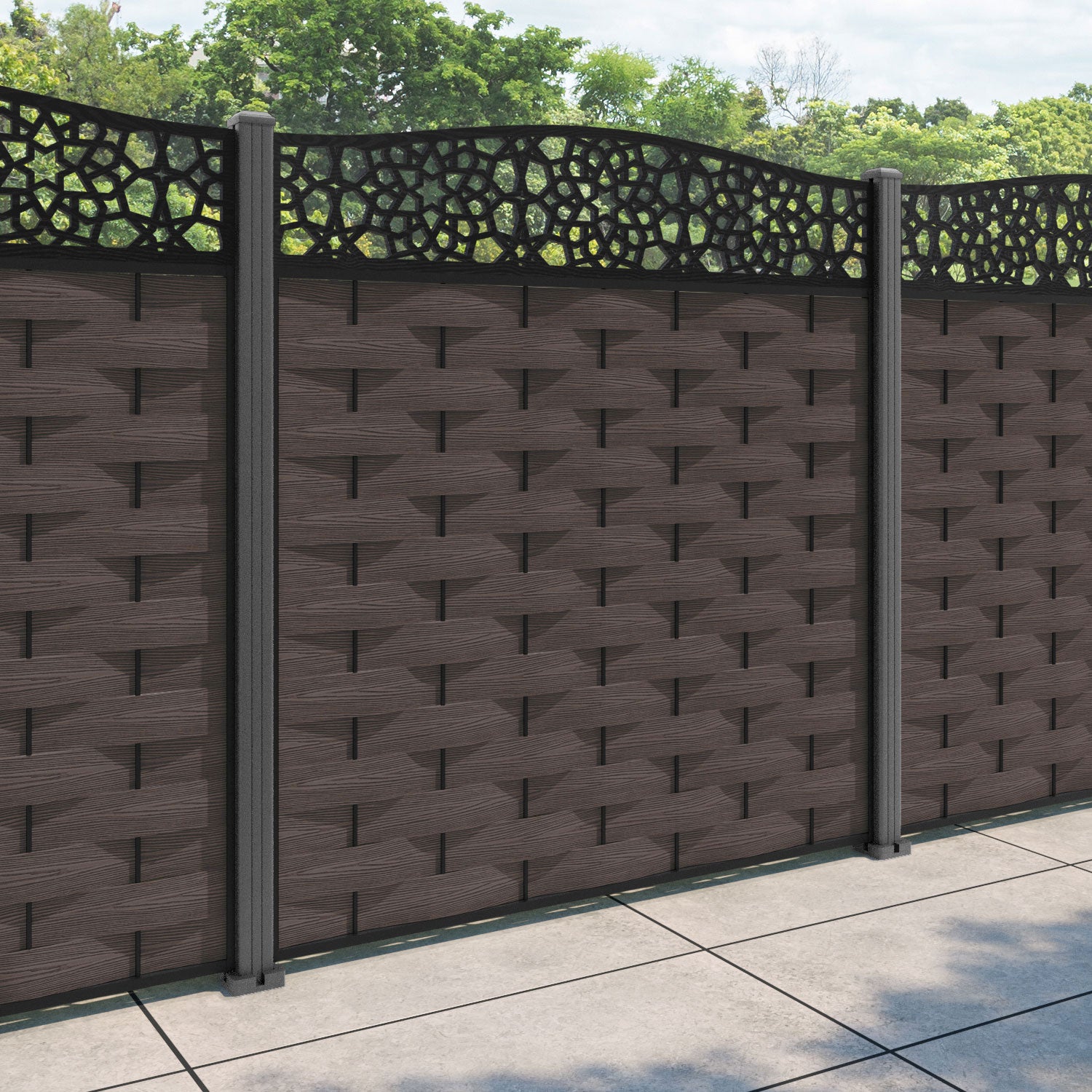 Ripple Nazira Curved Top Fence Panel - Mid Brown - with our aluminium posts