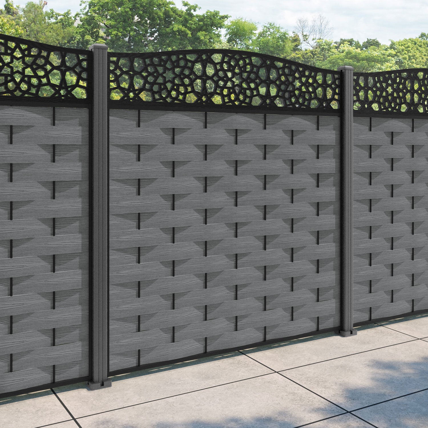 Ripple Nazira Curved Top Fence Panel - Mid Grey - with our aluminium posts
