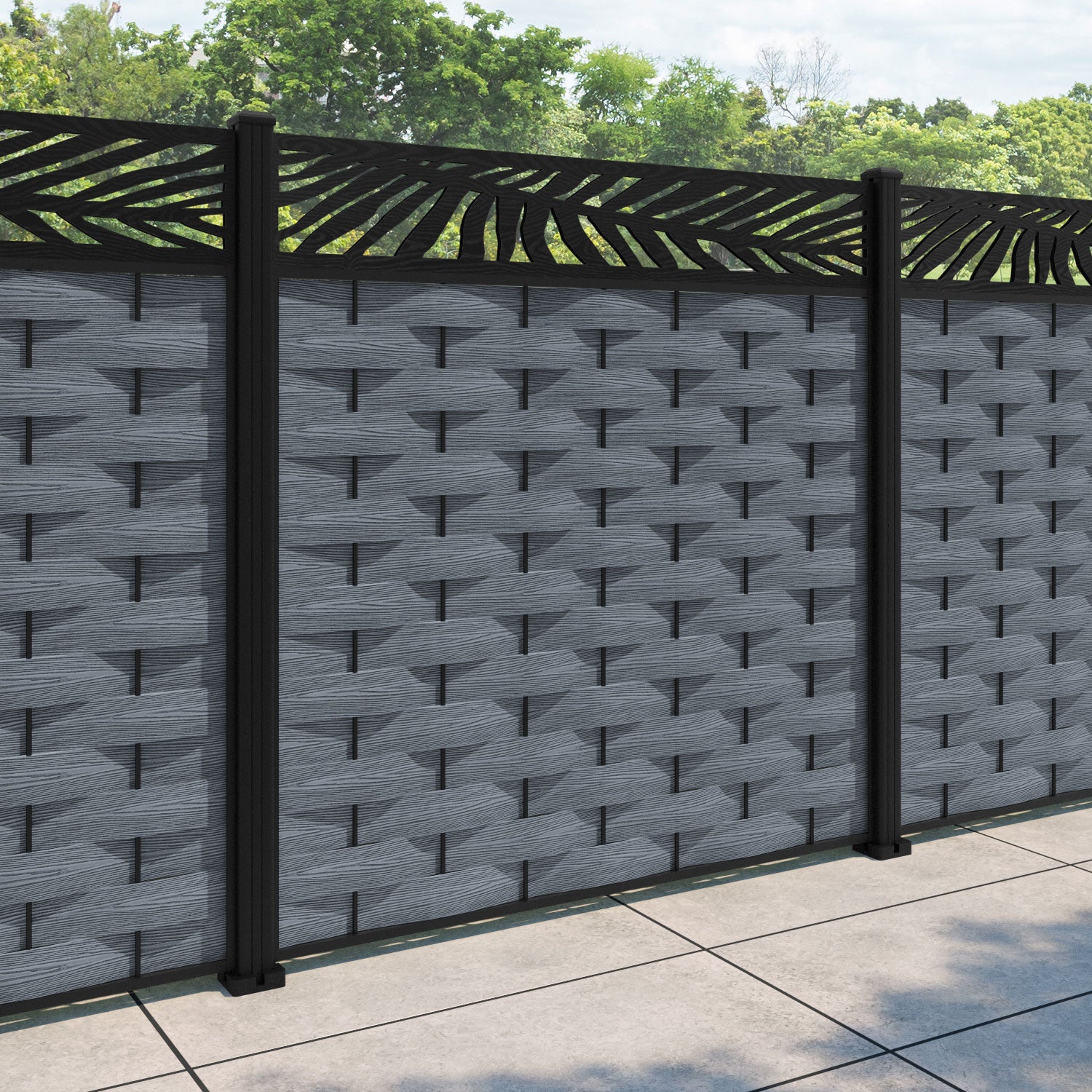 Ripple Palm Fence Panel - Anthracite - with our aluminium posts