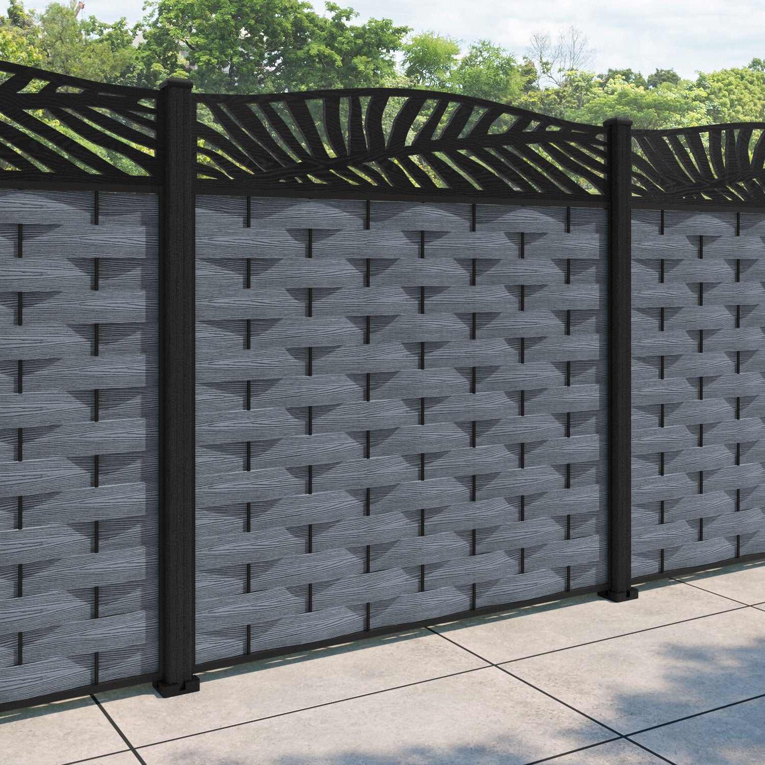 Ripple Palm Curved Top Fence Panel - Anthracite - with our composite posts