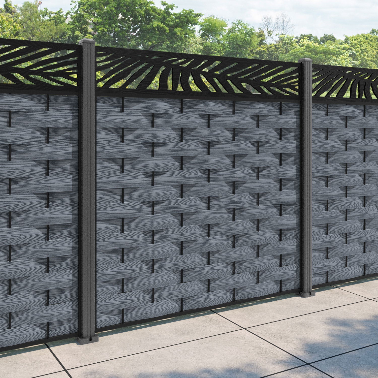 Ripple Palm Fence Panel - Anthracite - with our aluminium posts