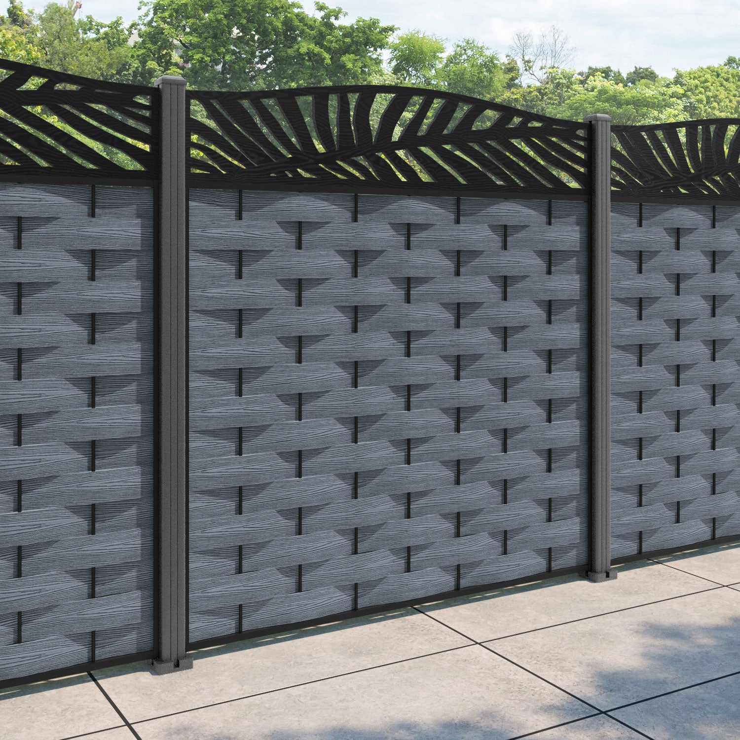 Ripple Palm Curved Top Fence Panel - Anthracite - with our aluminium posts