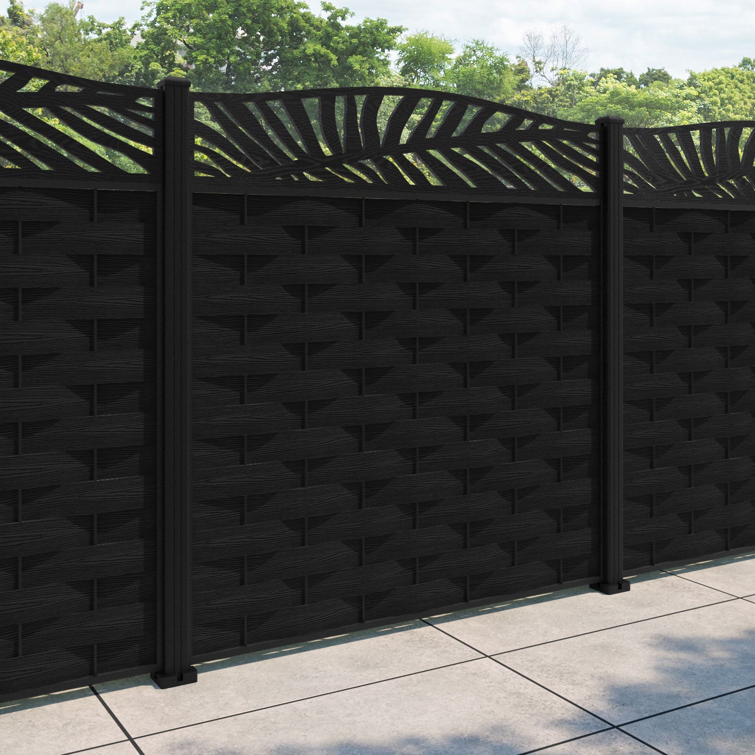 Ripple Palm Curved Top Fence Panel - Black - with our aluminium posts