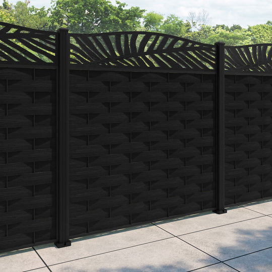 Ripple Palm Curved Top Fence Panel - Black - with our aluminium posts