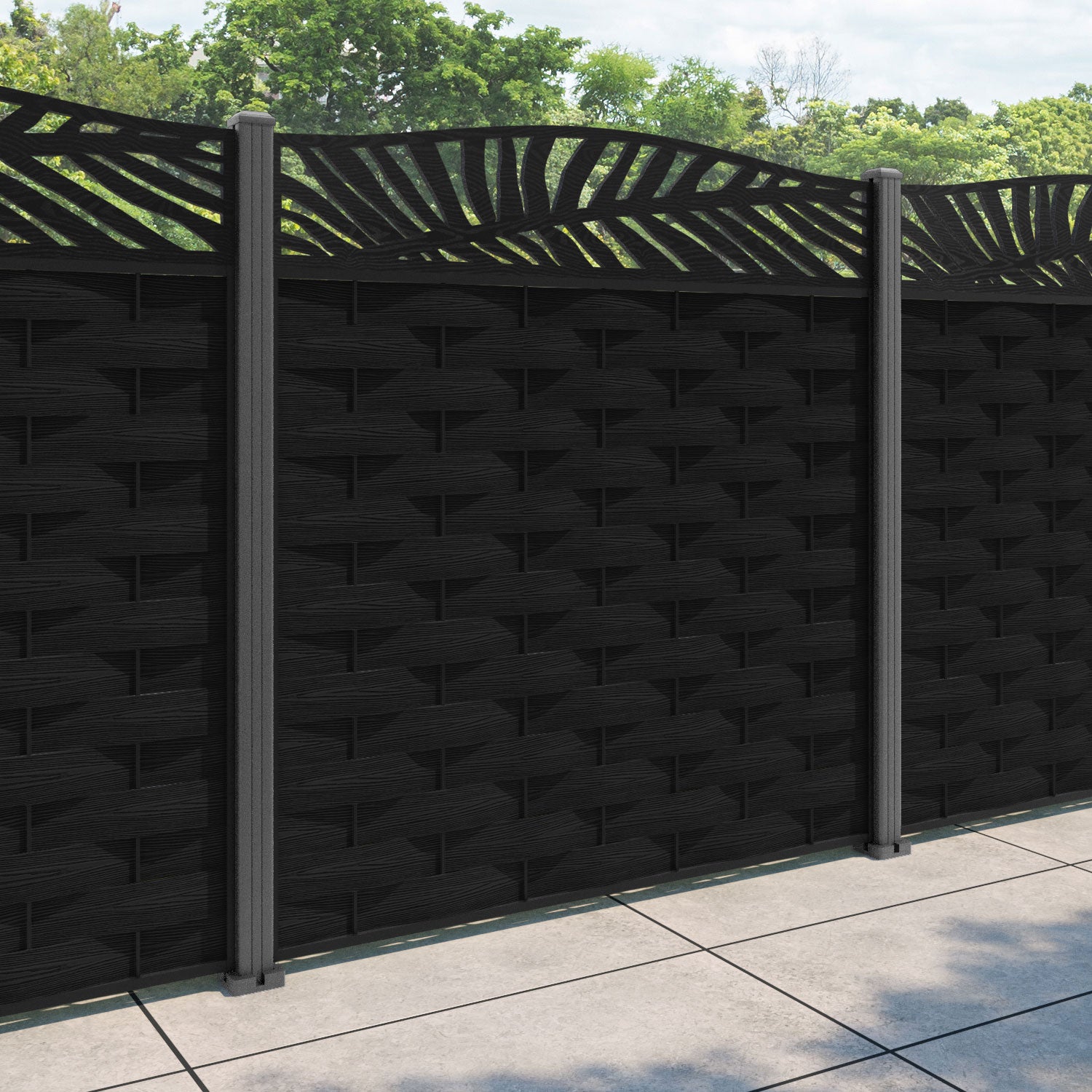 Ripple Palm Curved Top Fence Panel - Black - with our aluminium posts