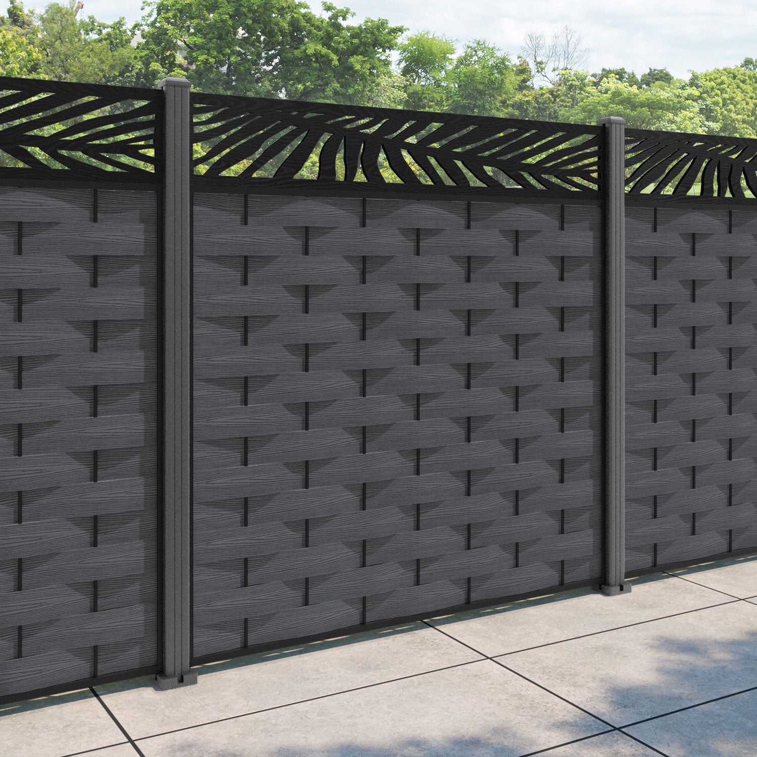 Ripple Palm Fence Panel - Dark Grey - with our aluminium posts