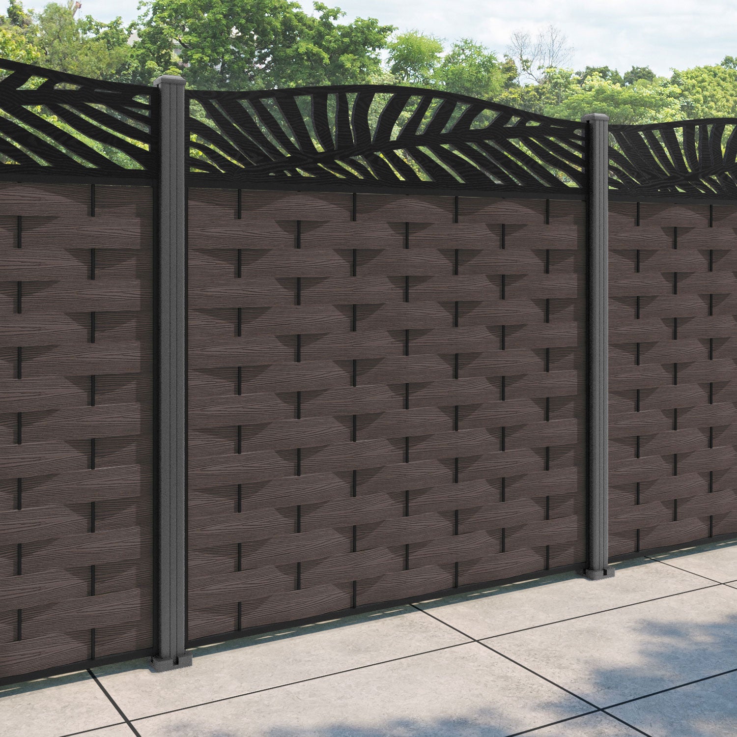 Ripple Palm Curved Top Fence Panel - Mid Brown - with our aluminium posts