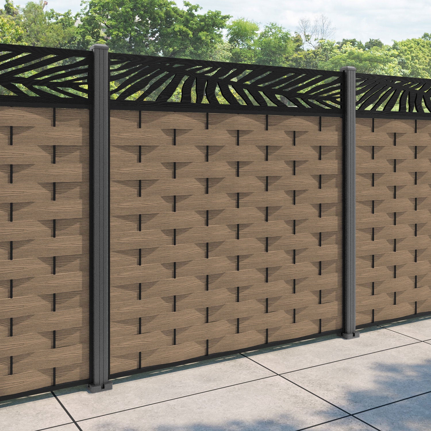 Ripple Palm Fence Panel - Teak - with our aluminium posts