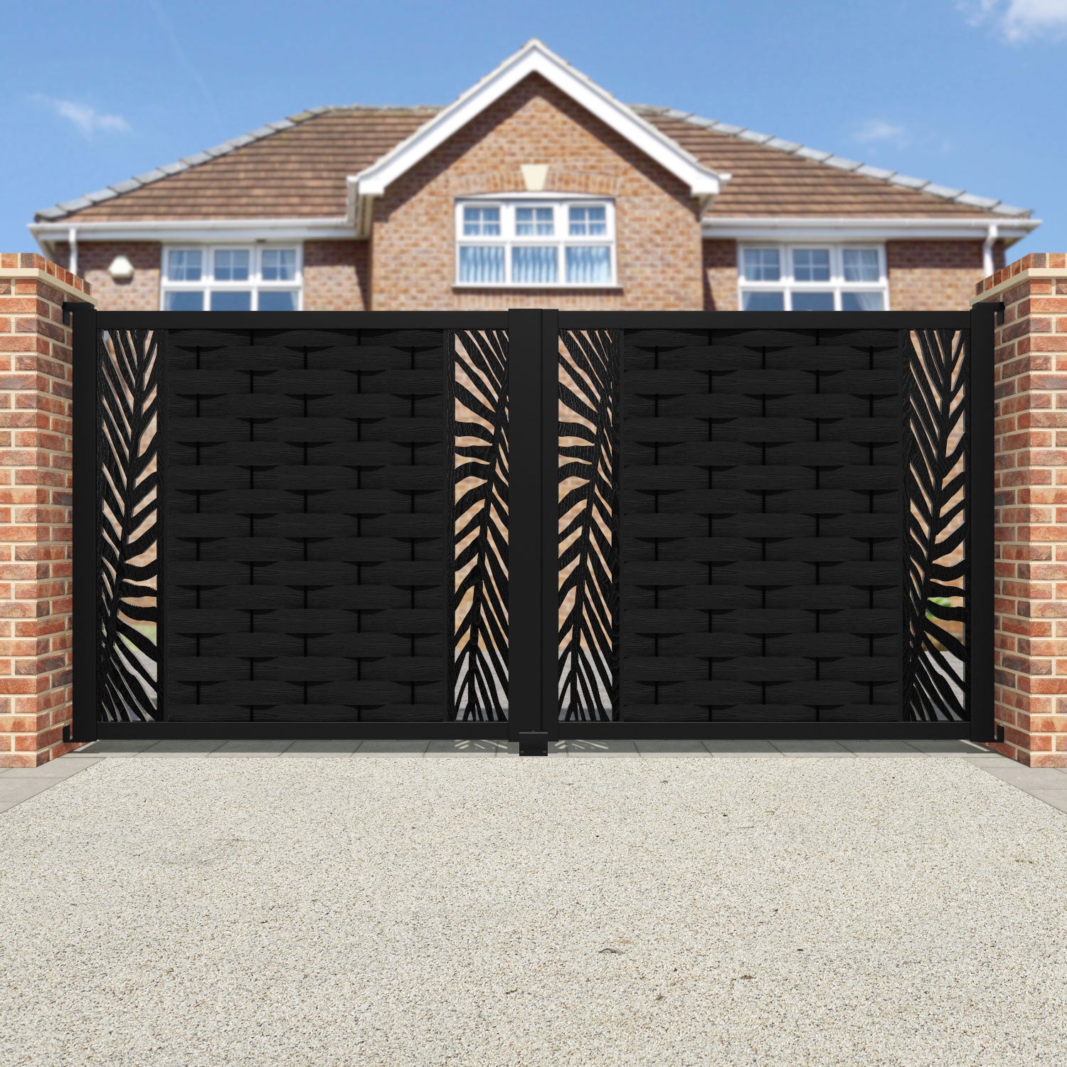 Ripple Palm Straight Top Driveway Gate - Black - Middle & End Screen