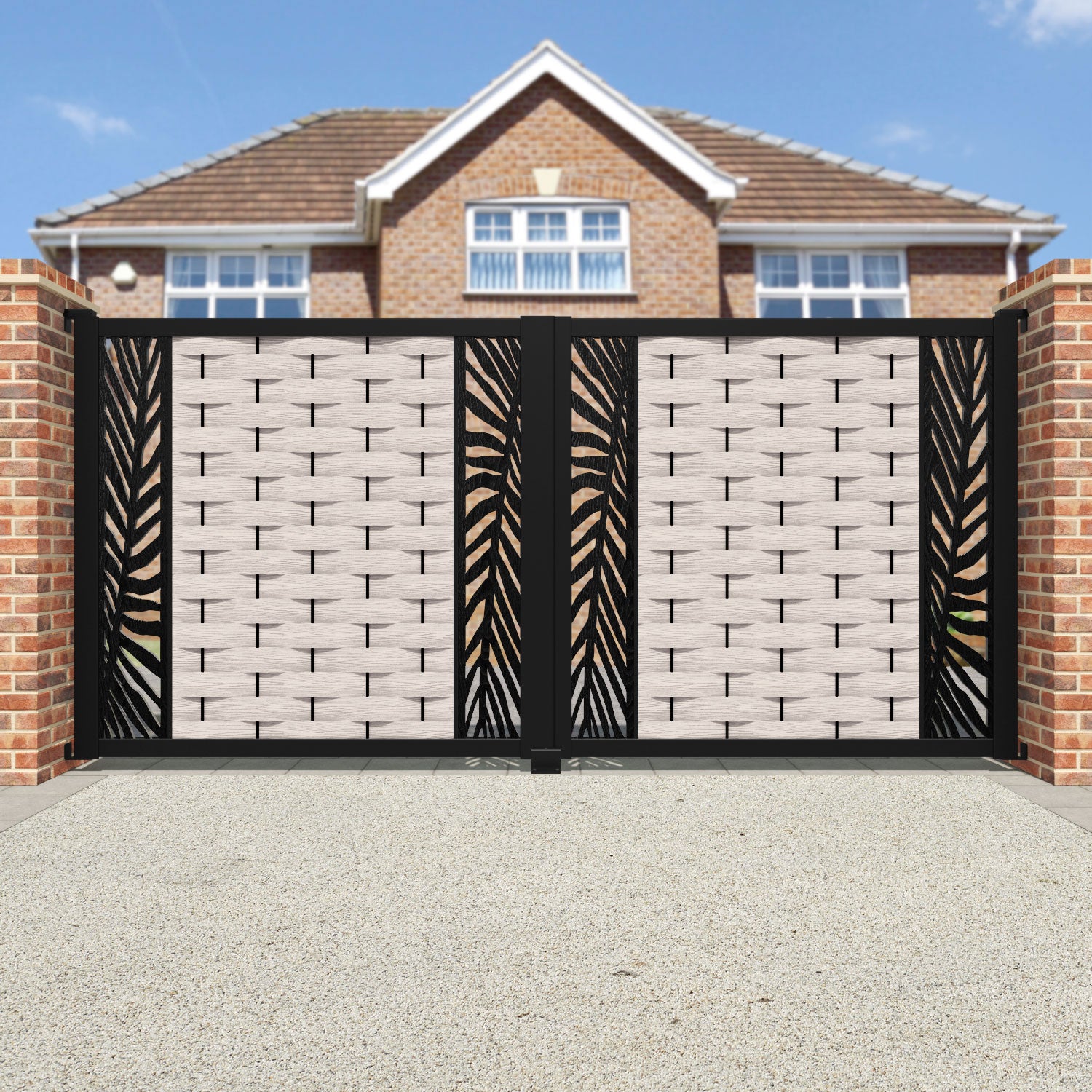 Ripple Palm Straight Top Driveway Gate - Mid Stone - Middle & End Screen