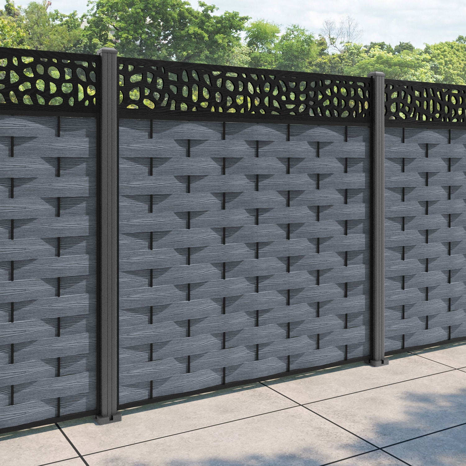 Ripple Pebble Fence Panel - Anthracite - with our aluminium posts