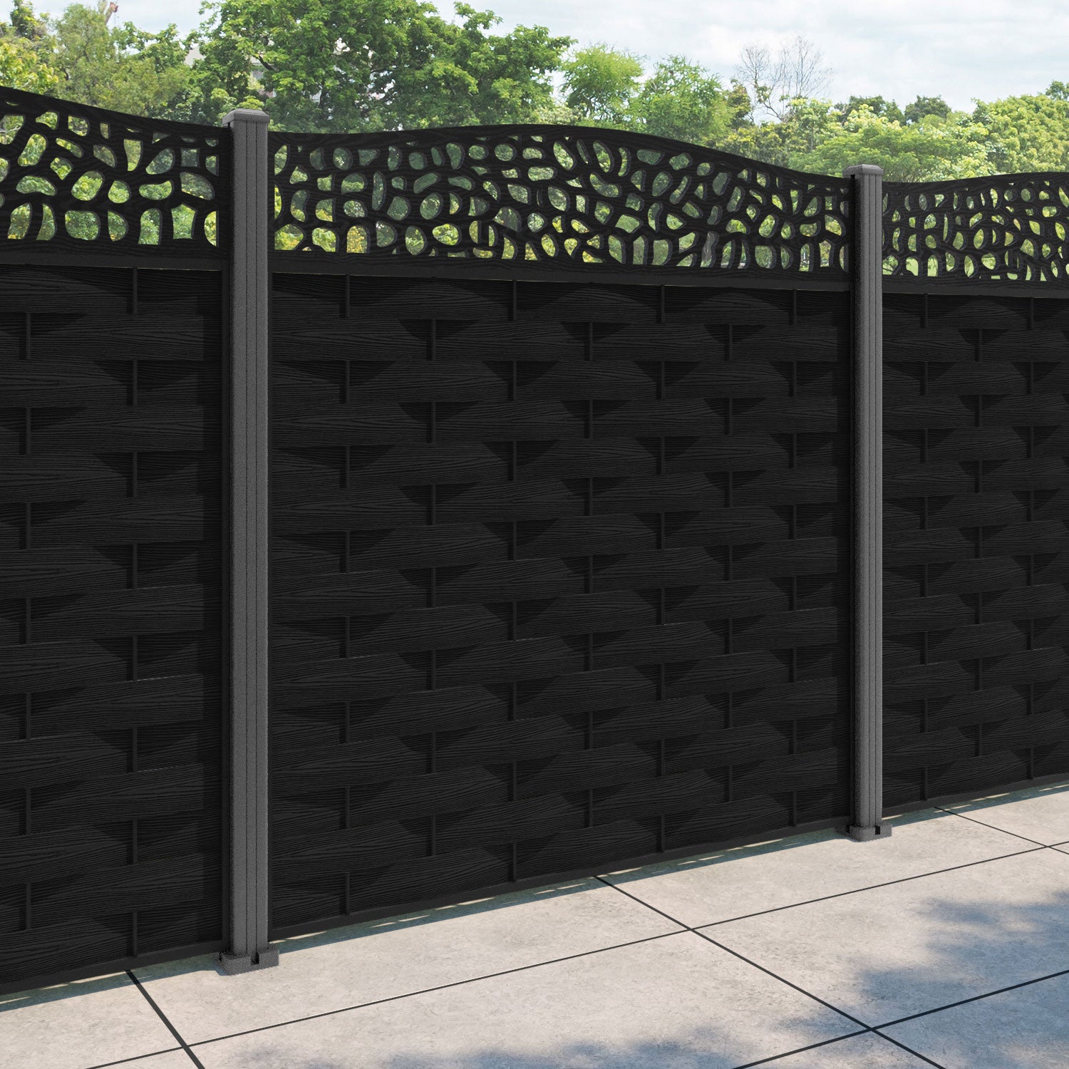 Ripple Pebble Curved Top Fence Panel - Black - with our aluminium posts