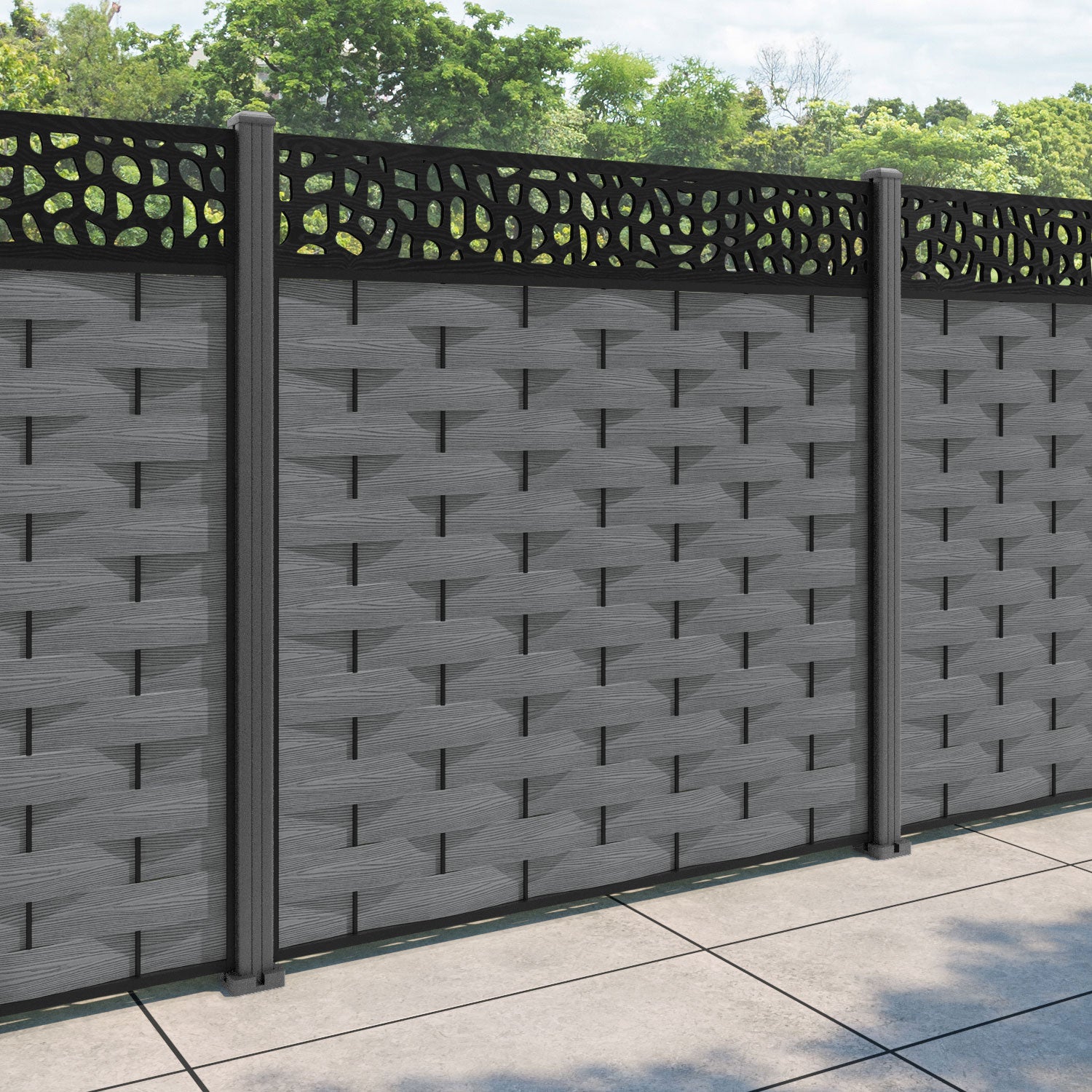 Ripple Pebble Fence Panel - Mid Grey - with our aluminium posts