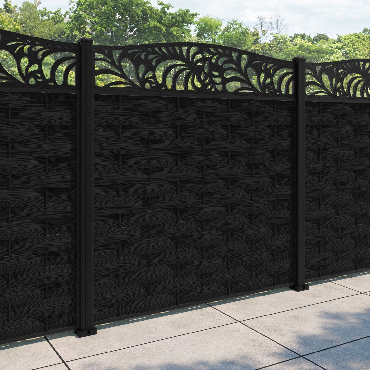 Ripple Petal Curved Top Fence Panel - Black - with our aluminium posts