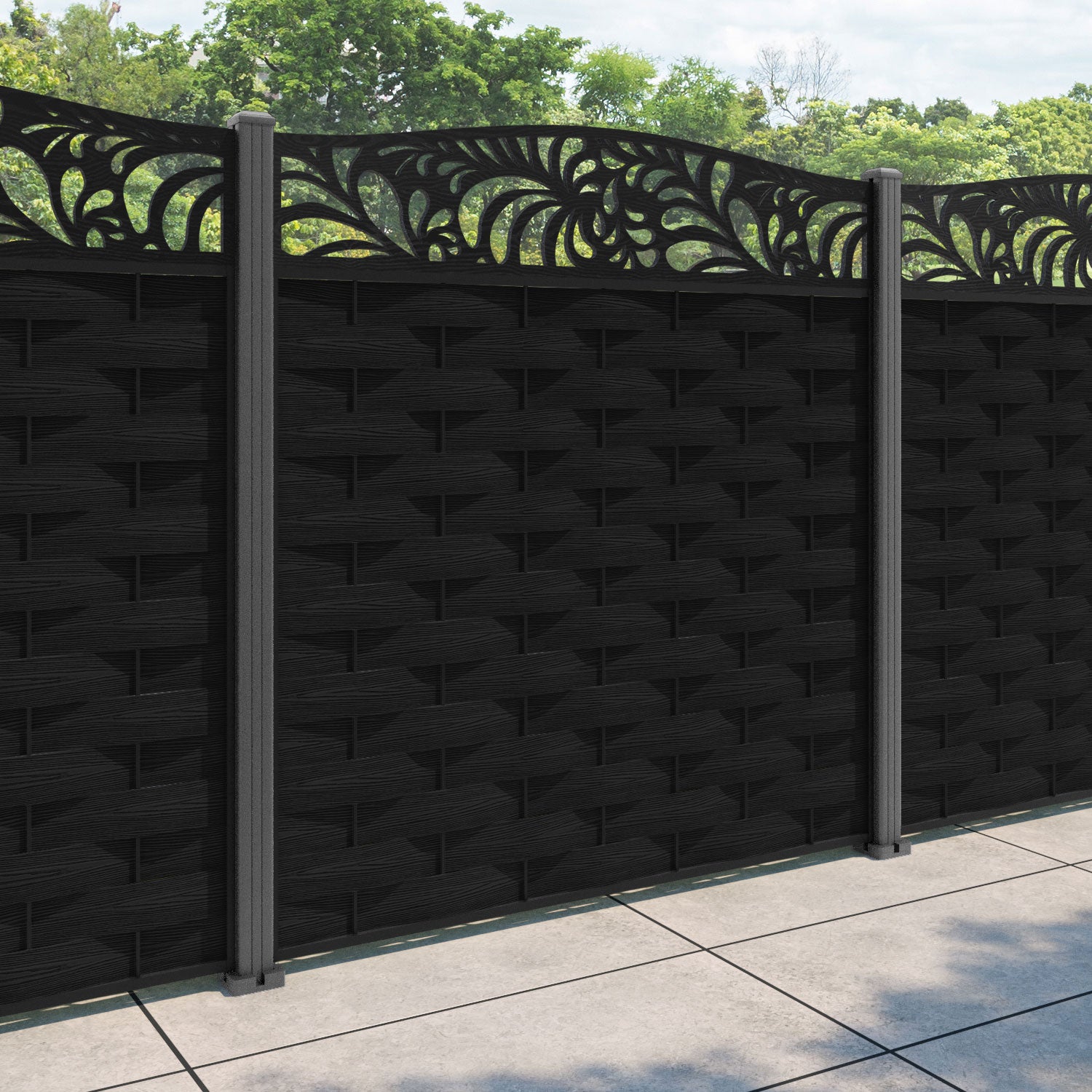 Ripple Petal Curved Top Fence Panel - Black - with our aluminium posts