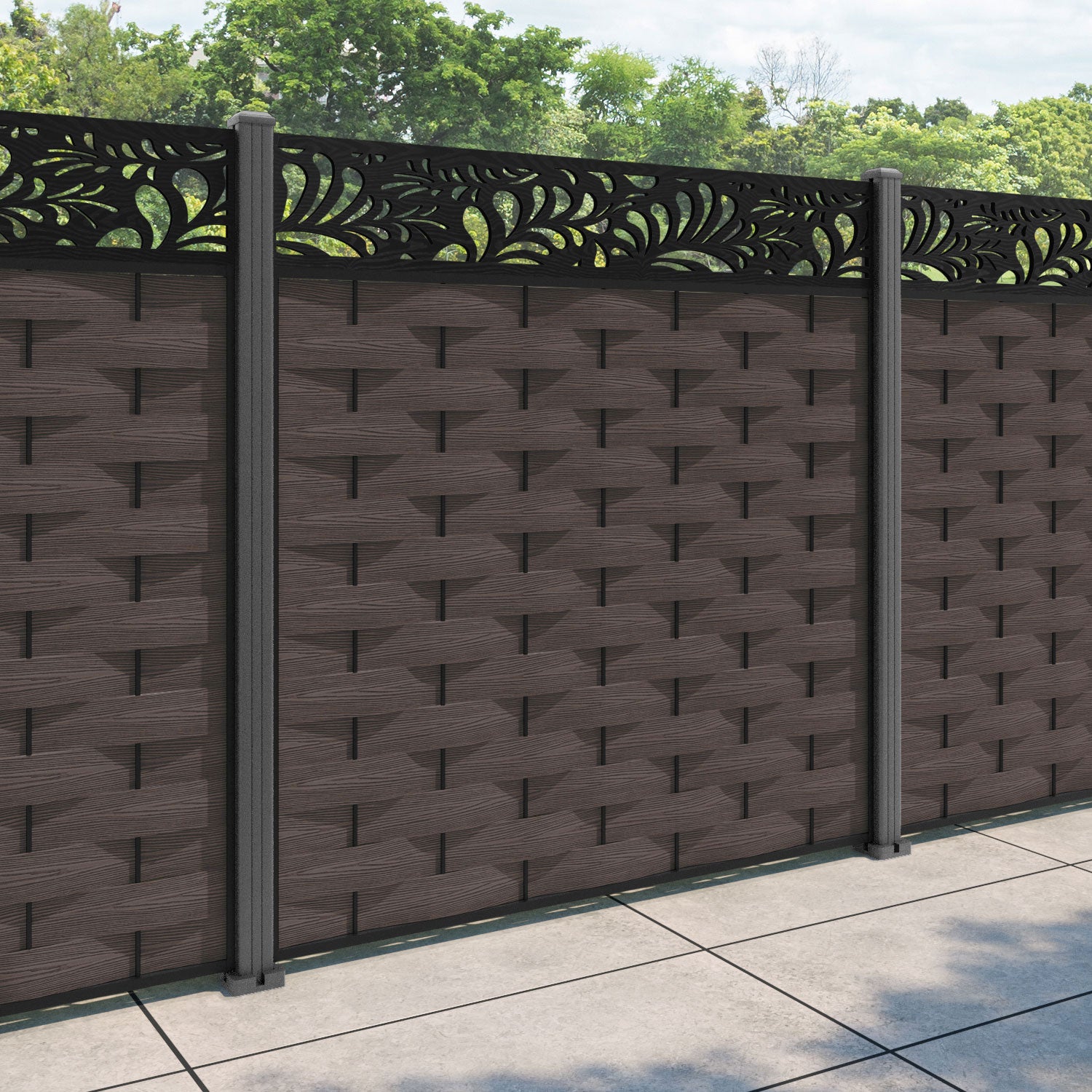 Ripple Petal Fence Panel - Mid Brown - with our aluminium posts