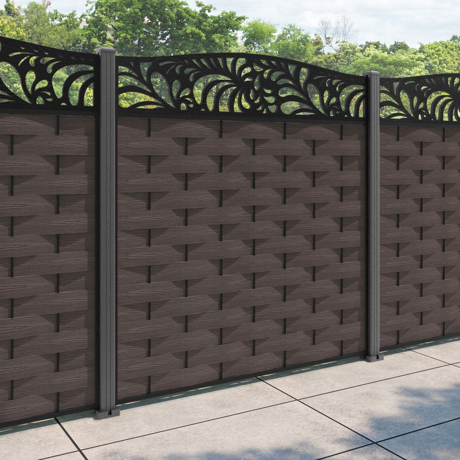 Ripple Petal Curved Top Fence Panel - Mid Brown - with our aluminium posts