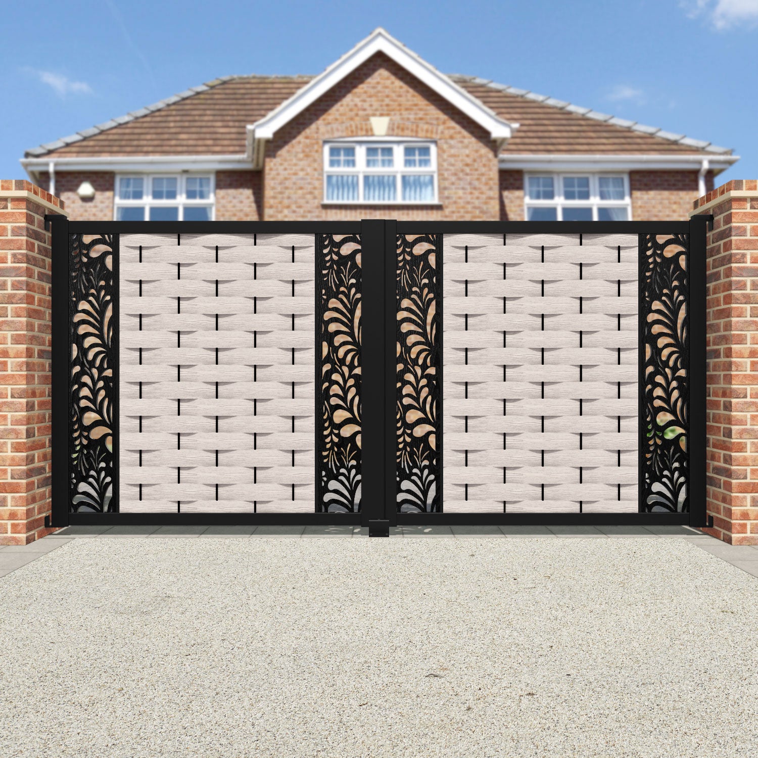 Ripple Petal Straight Top Driveway Gate - Mid Stone - Middle & End Screen