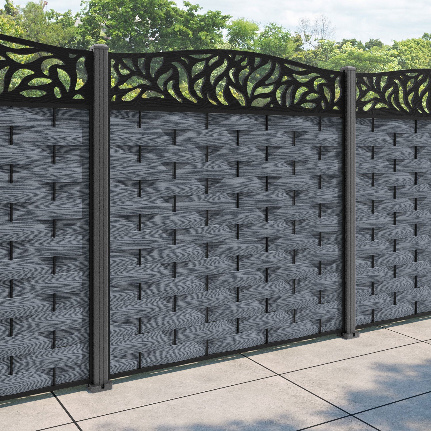 Ripple Plume Curved Top Fence Panel - Anthracite - with our aluminium posts