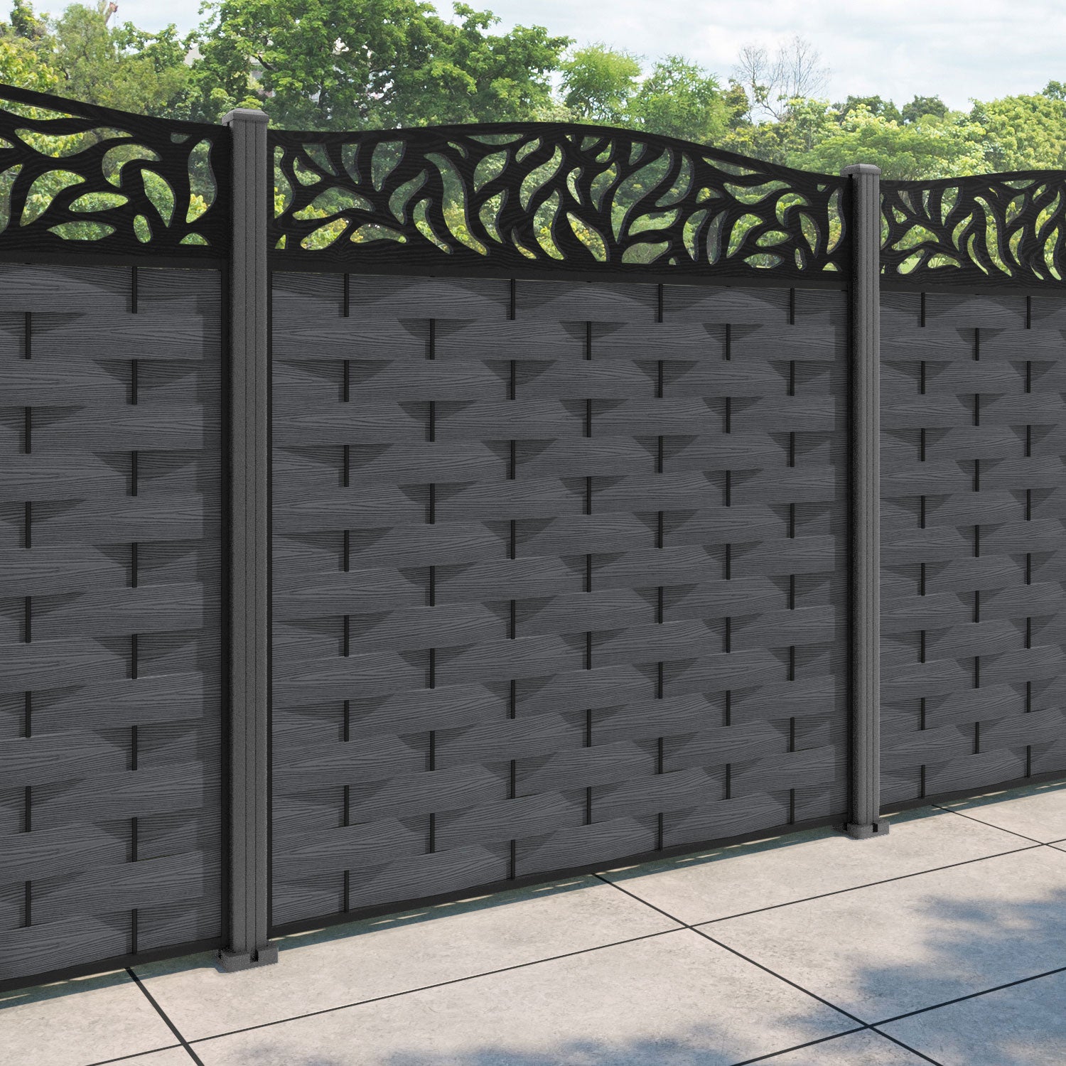 Ripple Plume Curved Top Fence Panel - Dark Grey - with our aluminium posts