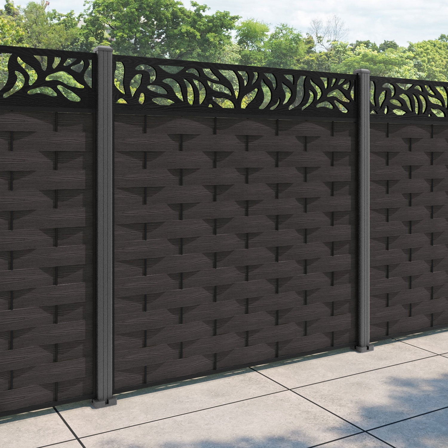 Ripple Plume Fence Panel - Dark Oak - with our aluminium posts