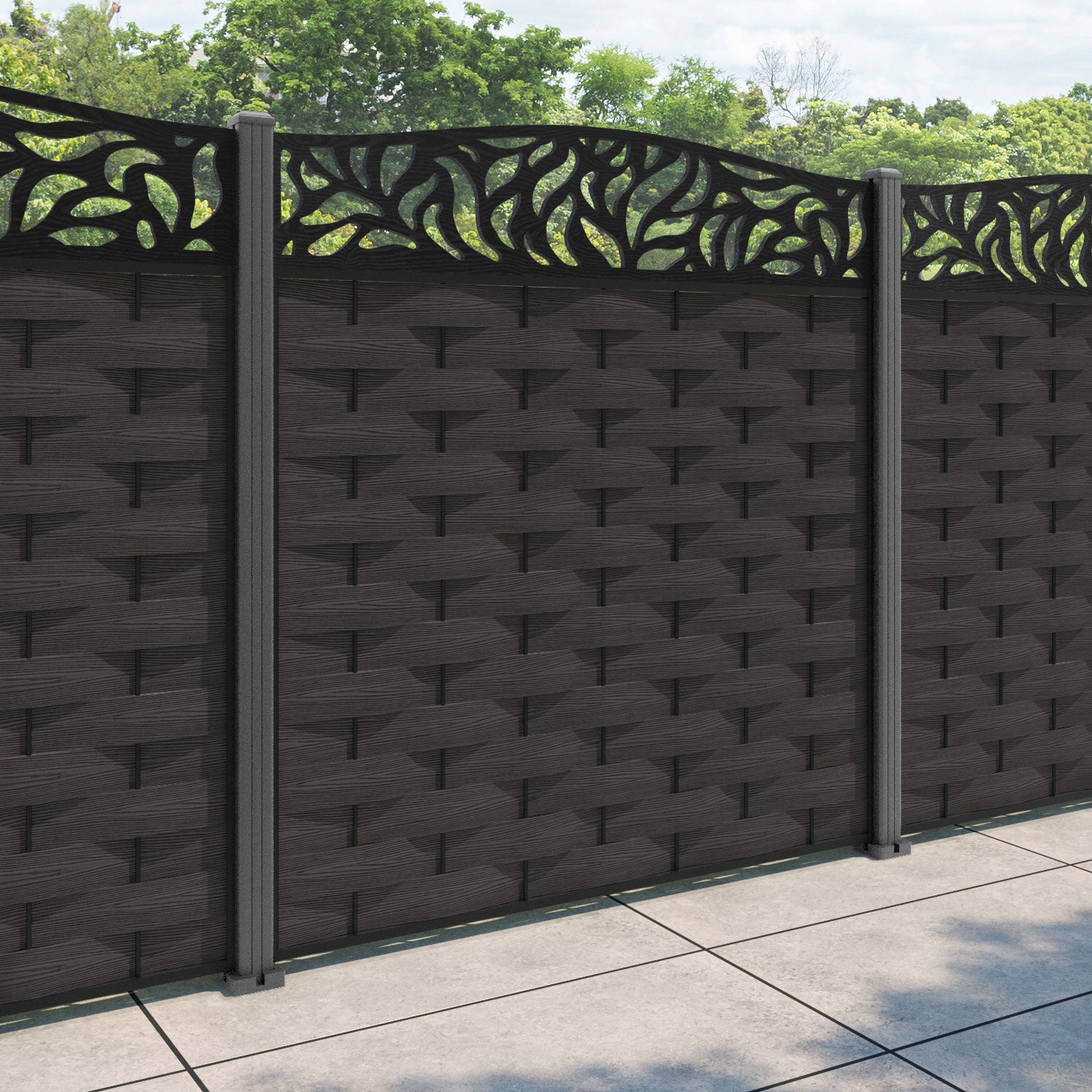 Ripple Plume Curved Top Fence Panel - Dark Oak - with our aluminium posts