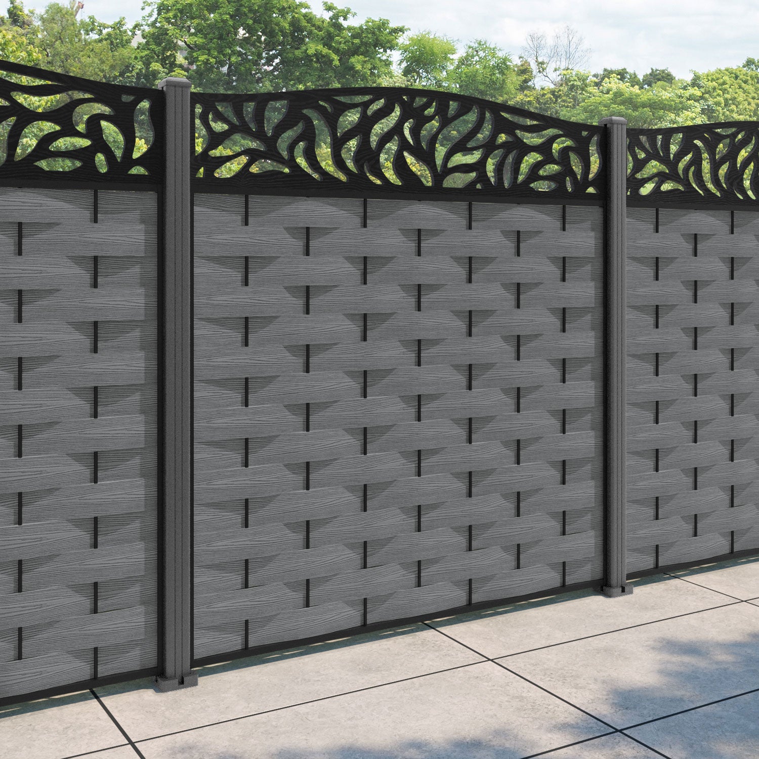 Ripple Plume Curved Top Fence Panel - Mid Grey - with our aluminium posts