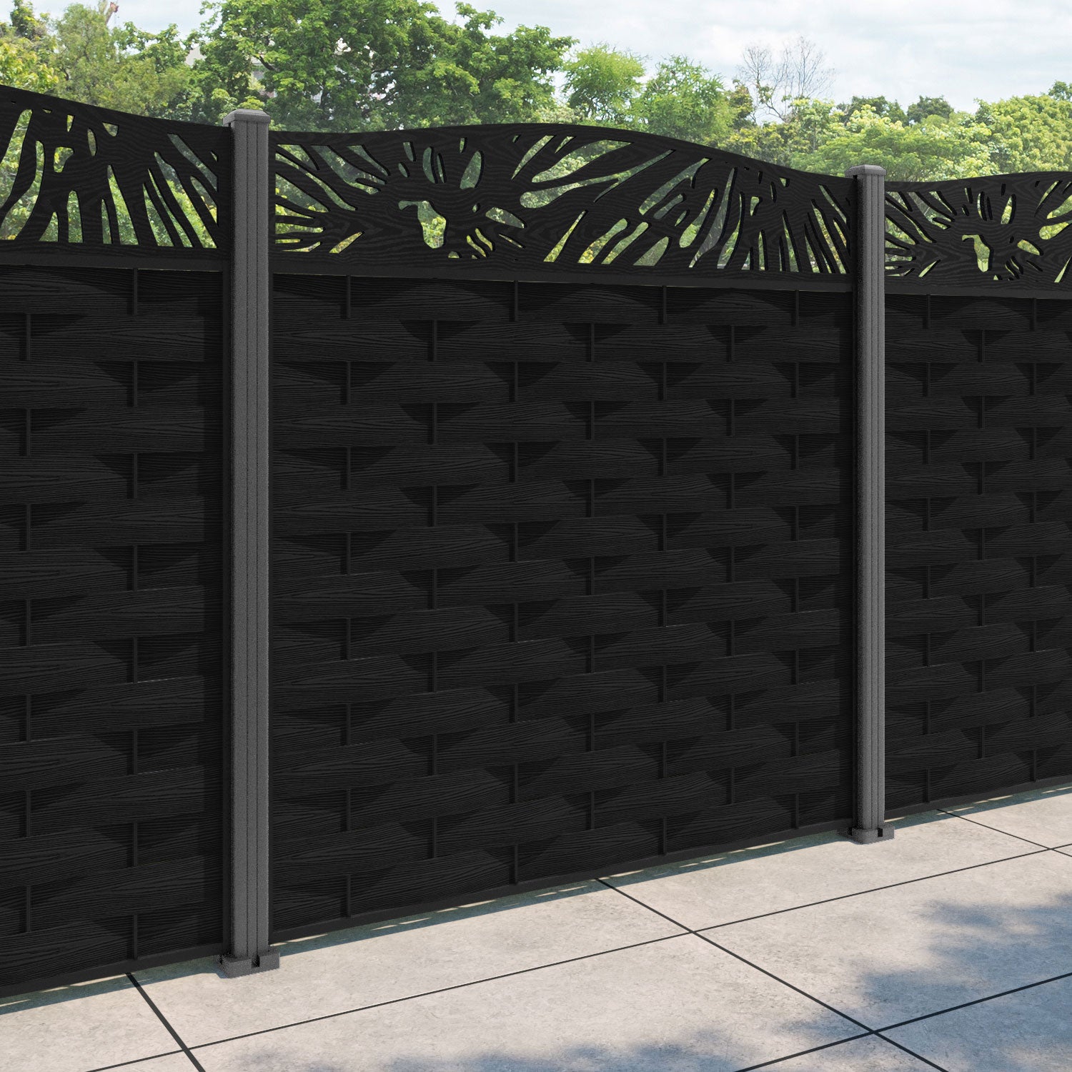Ripple Poppy Curved Top Fence Panel - Black - with our aluminium posts