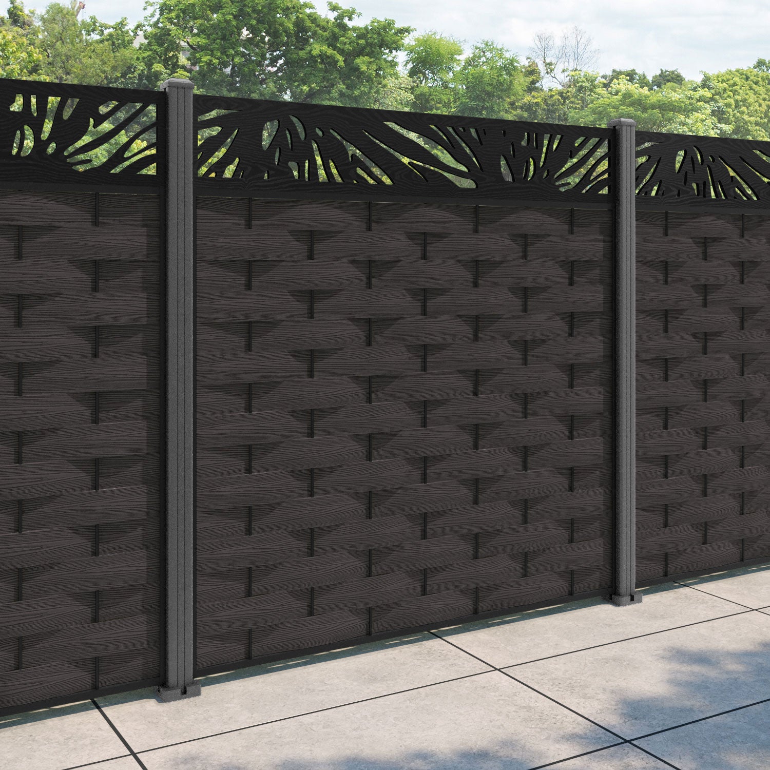 Ripple Poppy Fence Panel - Dark Oak - with our aluminium posts