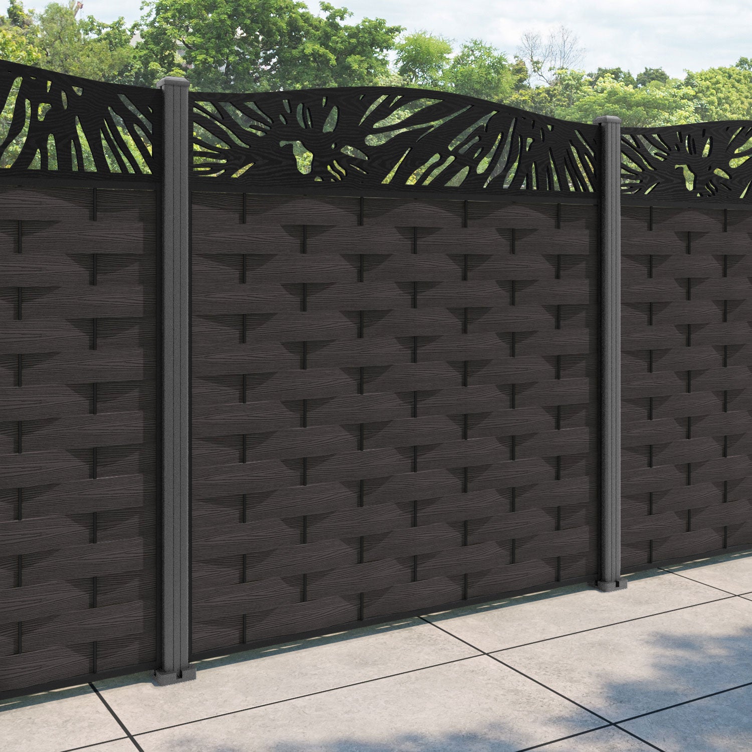 Ripple Poppy Curved Top Fence Panel - Dark Oak - with our aluminium posts