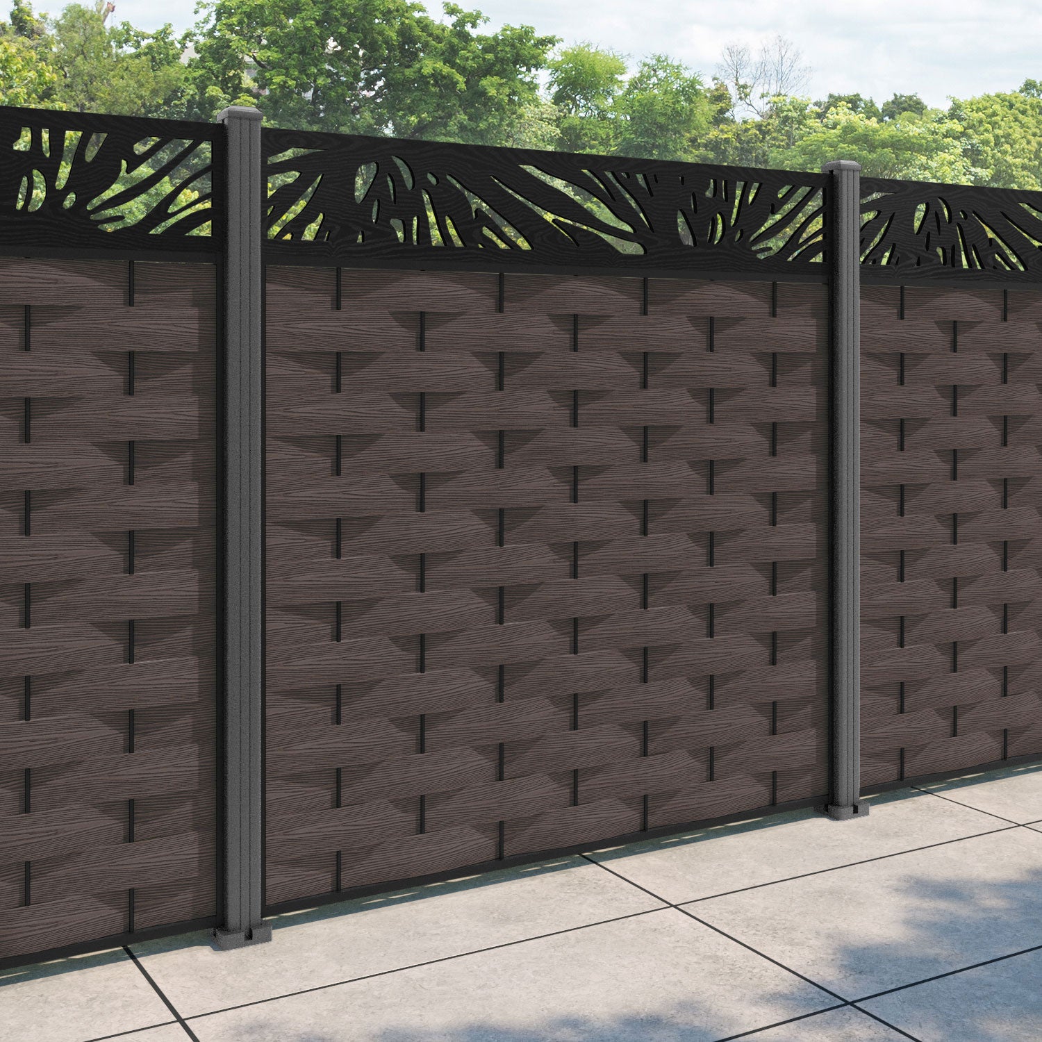 Ripple Poppy Fence Panel - Mid Brown - with our aluminium posts