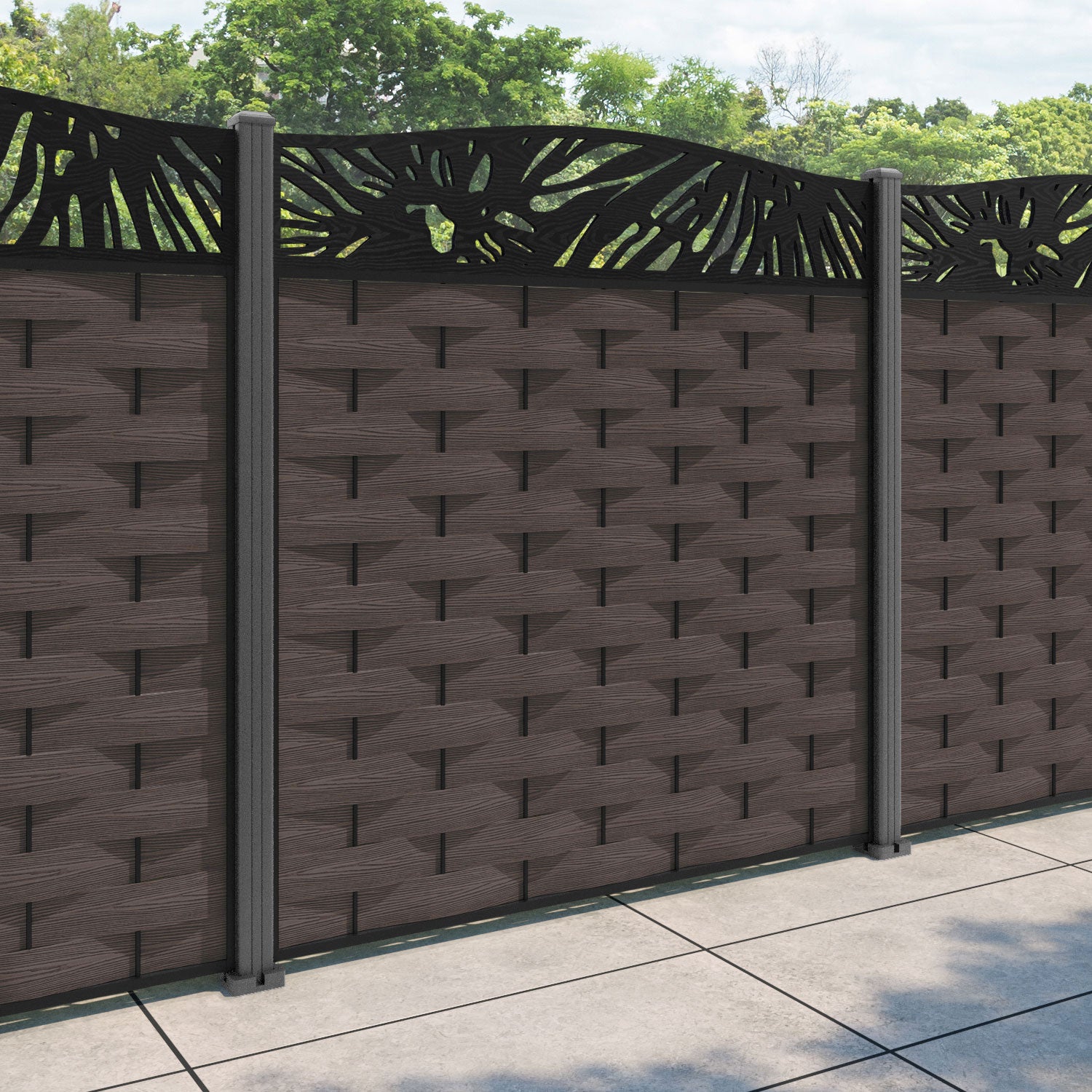 Ripple Poppy Curved Top Fence Panel - Mid Brown - with our aluminium posts