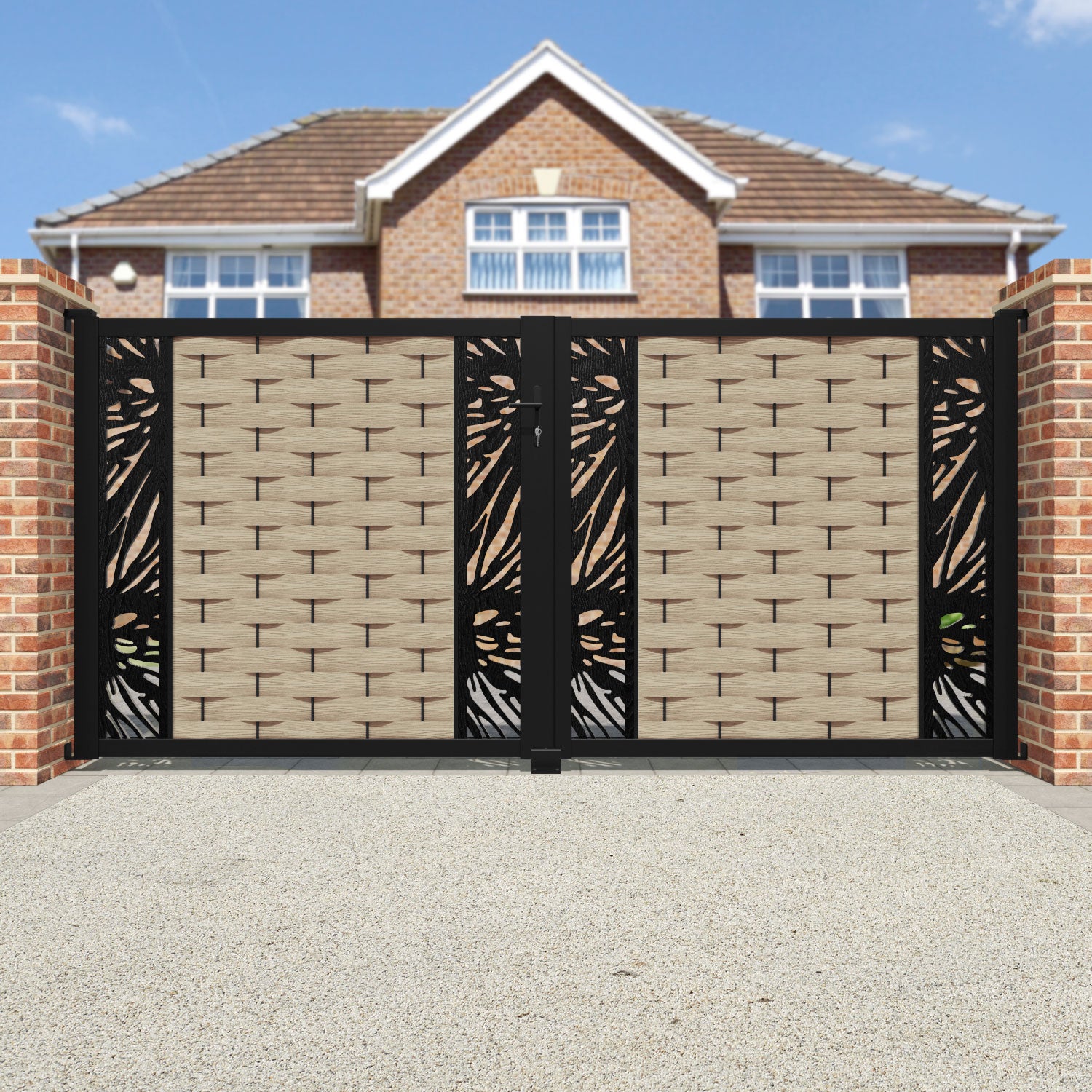 Ripple Poppy Straight Top Driveway Gate - Light Oak - Middle & End Screen