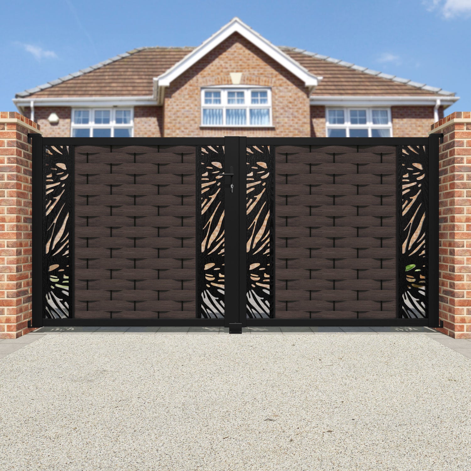 Ripple Poppy Straight Top Driveway Gate - Mid Brown - Middle & End Screen