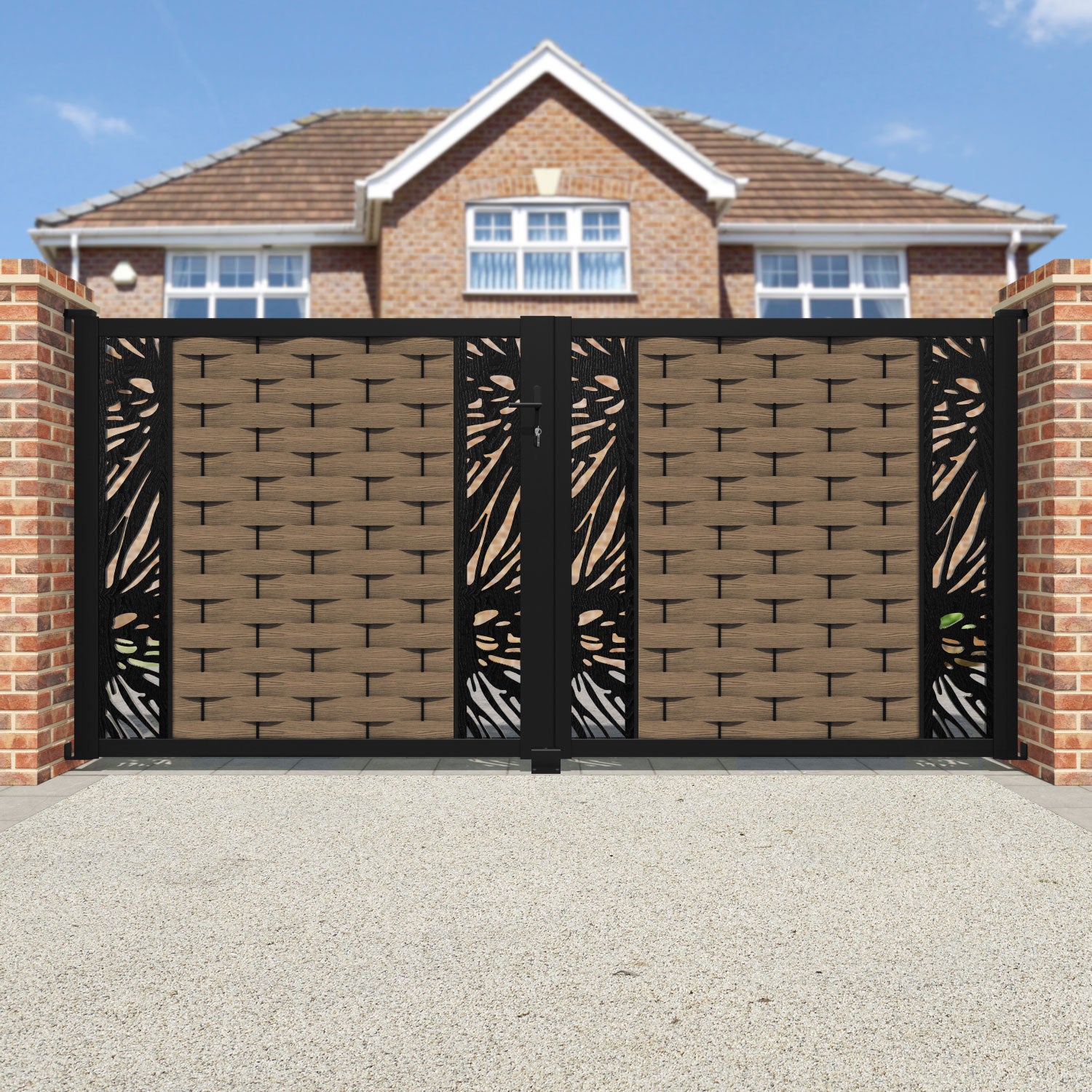 Ripple Poppy Straight Top Driveway Gate - Teak - Middle & End Screen