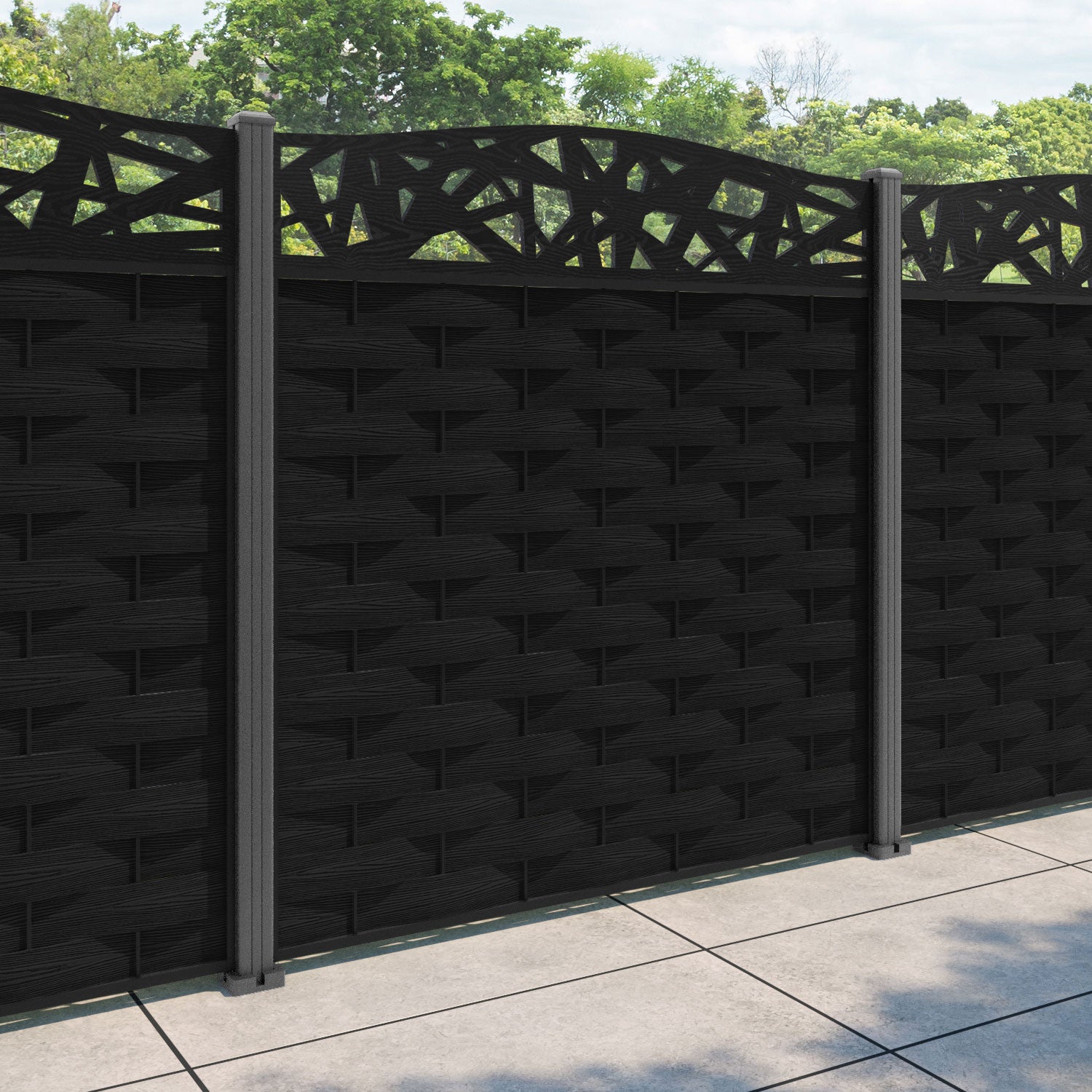 Ripple Prism Curved Top Fence Panel - Black - with our aluminium posts