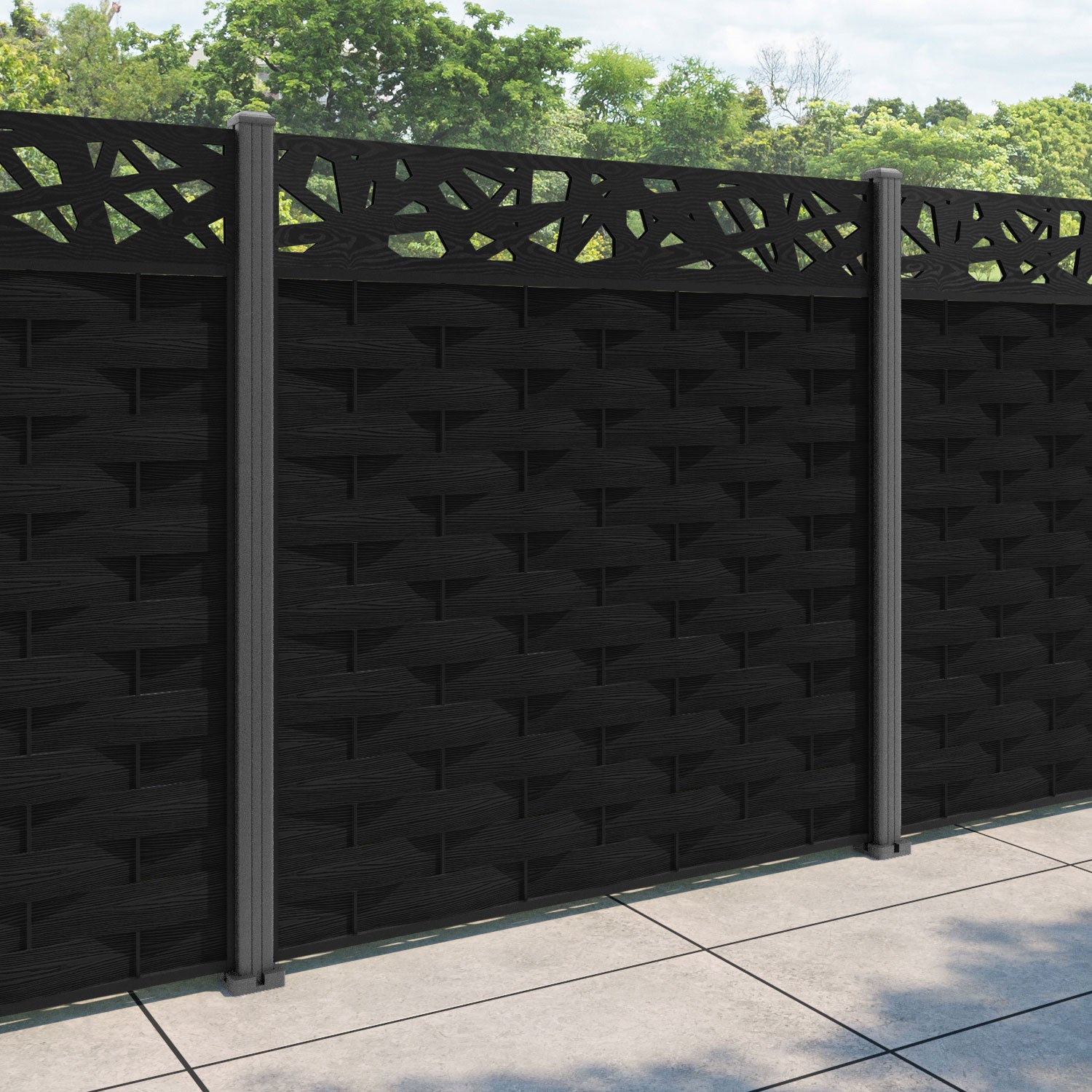 Ripple Prism Fence Panel - Black - with our aluminium posts