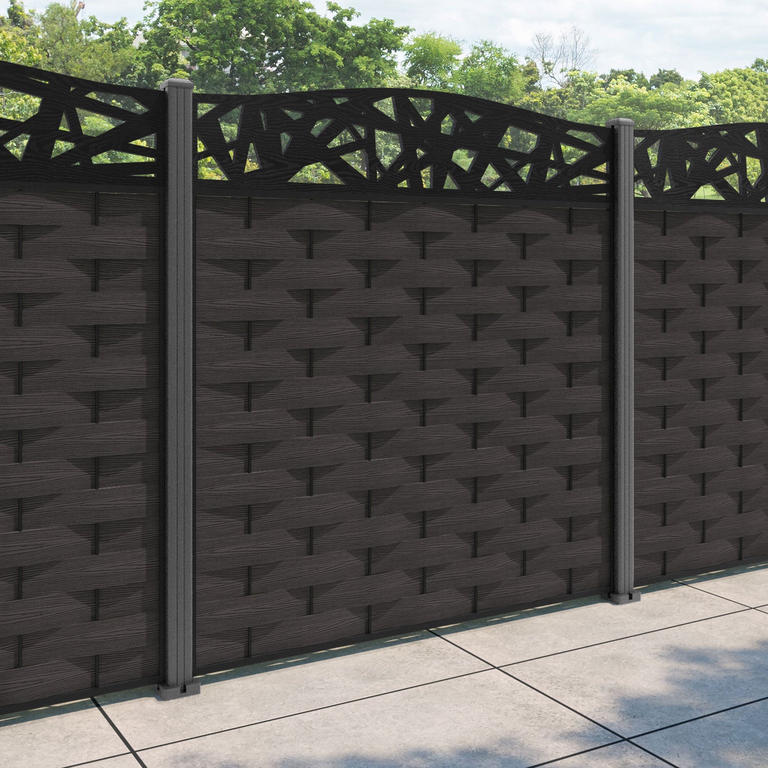 Ripple Prism Curved Top Fence Panel - Dark Oak - with our aluminium posts