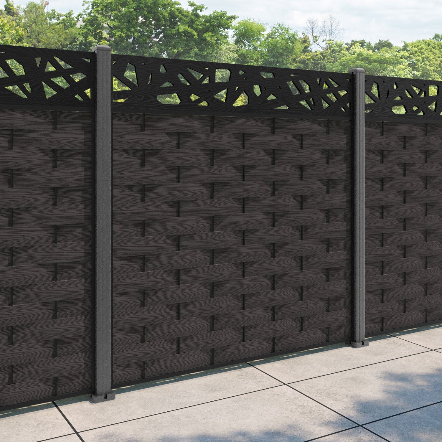 Ripple Prism Fence Panel - Dark Oak - with our aluminium posts