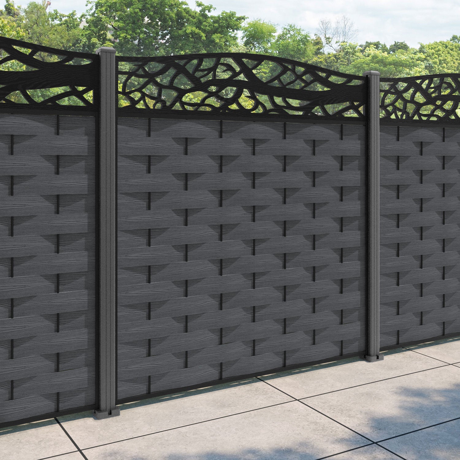 Ripple Twilight Curved Top Fence Panel - Dark Grey - with our aluminium posts