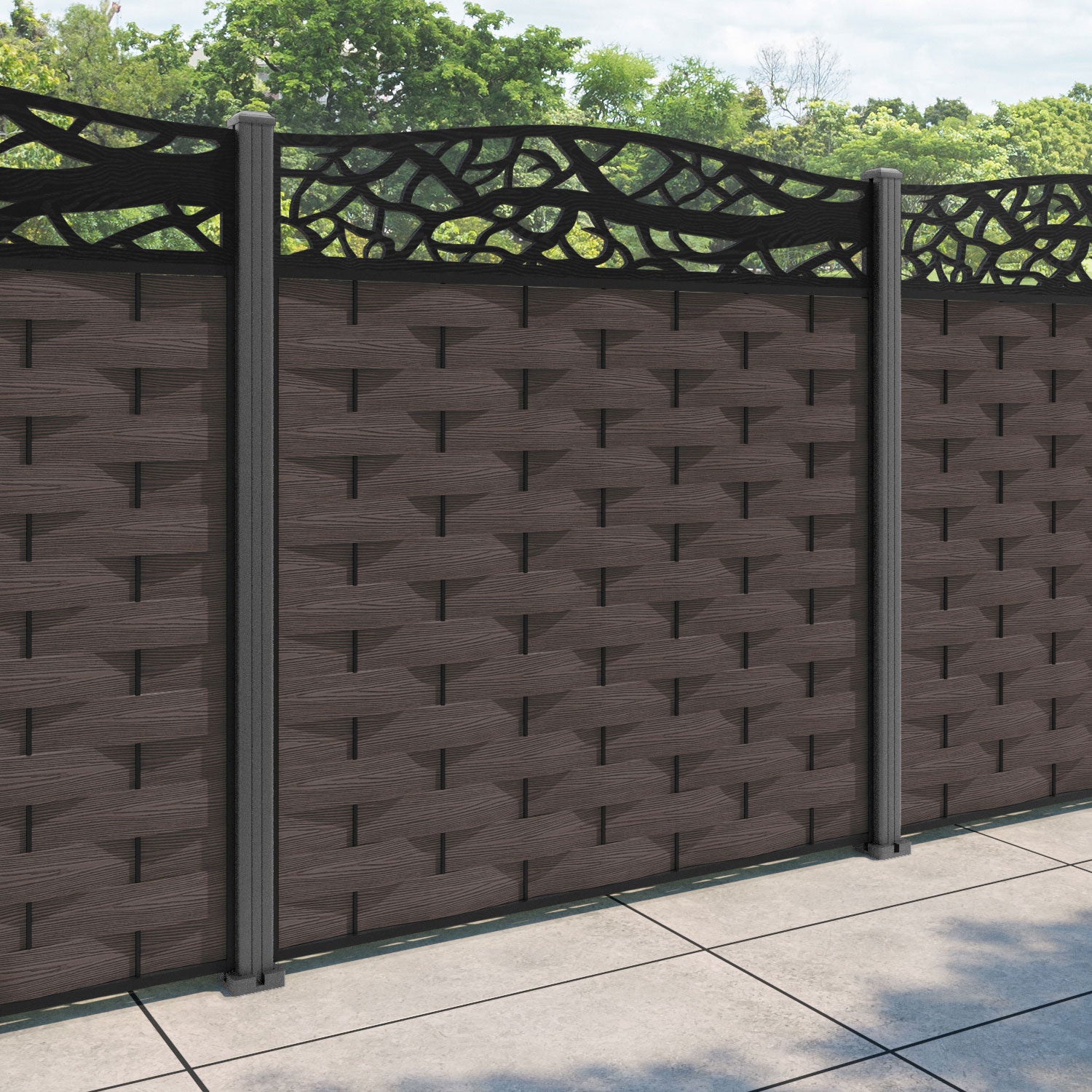 Ripple Twilight Curved Top Fence Panel - Mid Brown - with our aluminium posts