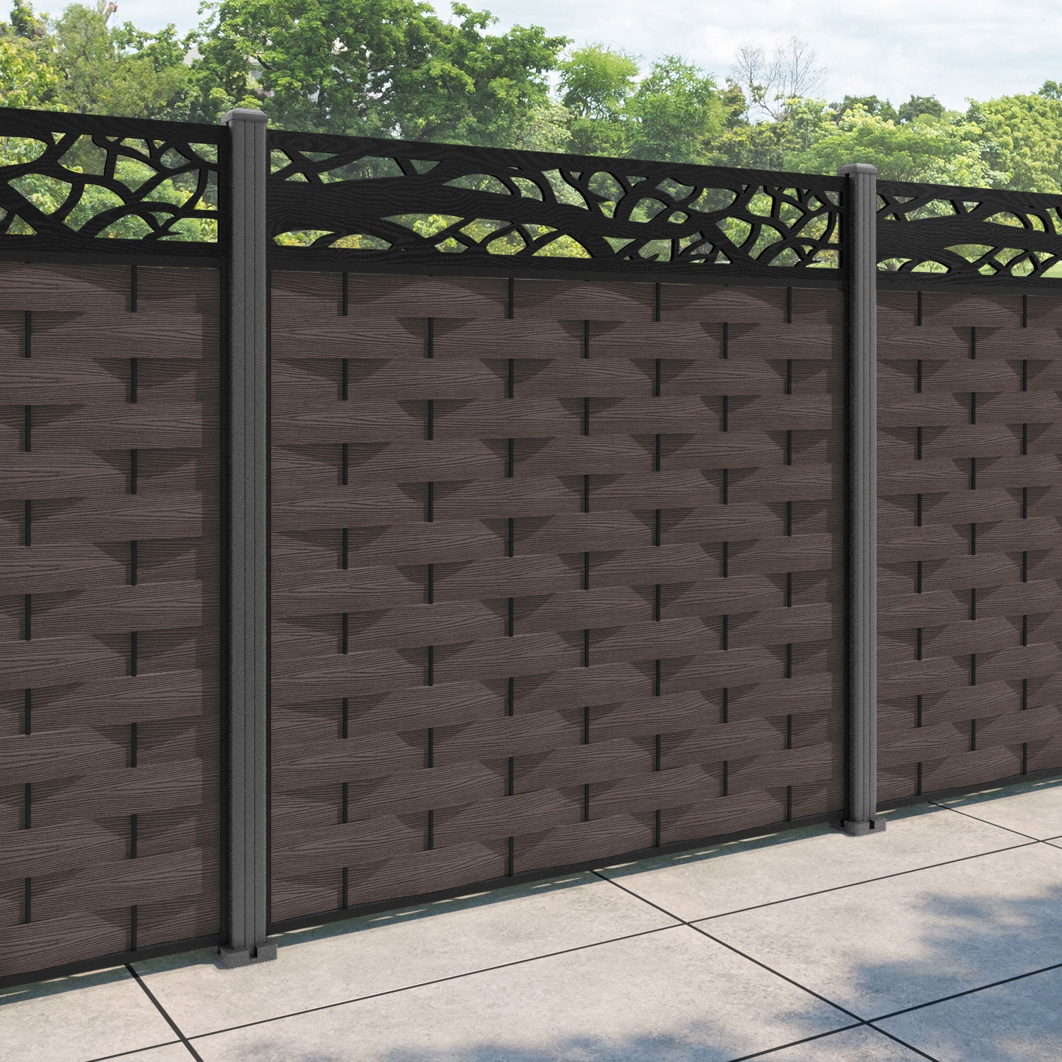 Ripple Twilight Fence Panel - Mid Brown - with our aluminium posts