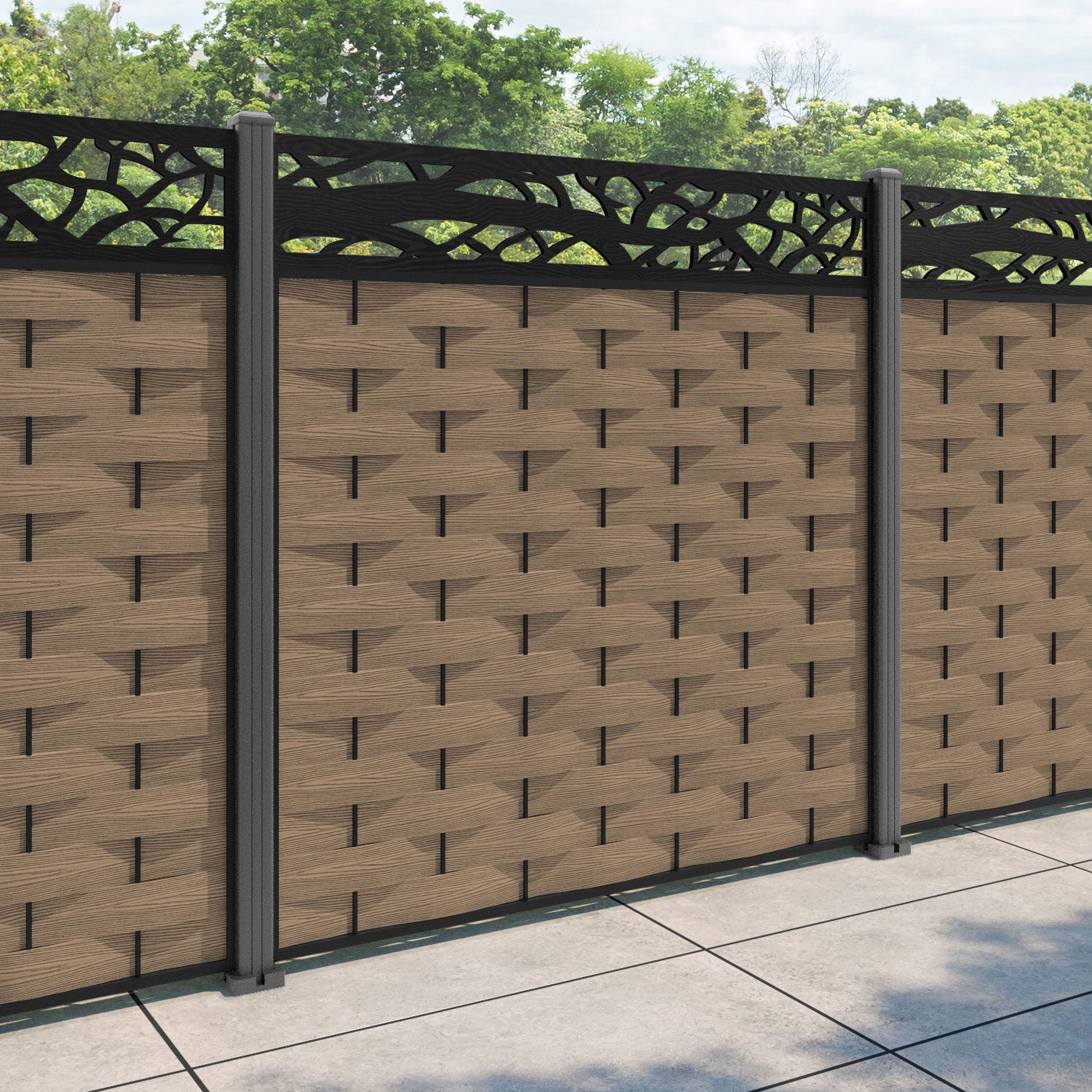 Ripple Twilight Fence Panel - Teak - with our aluminium posts