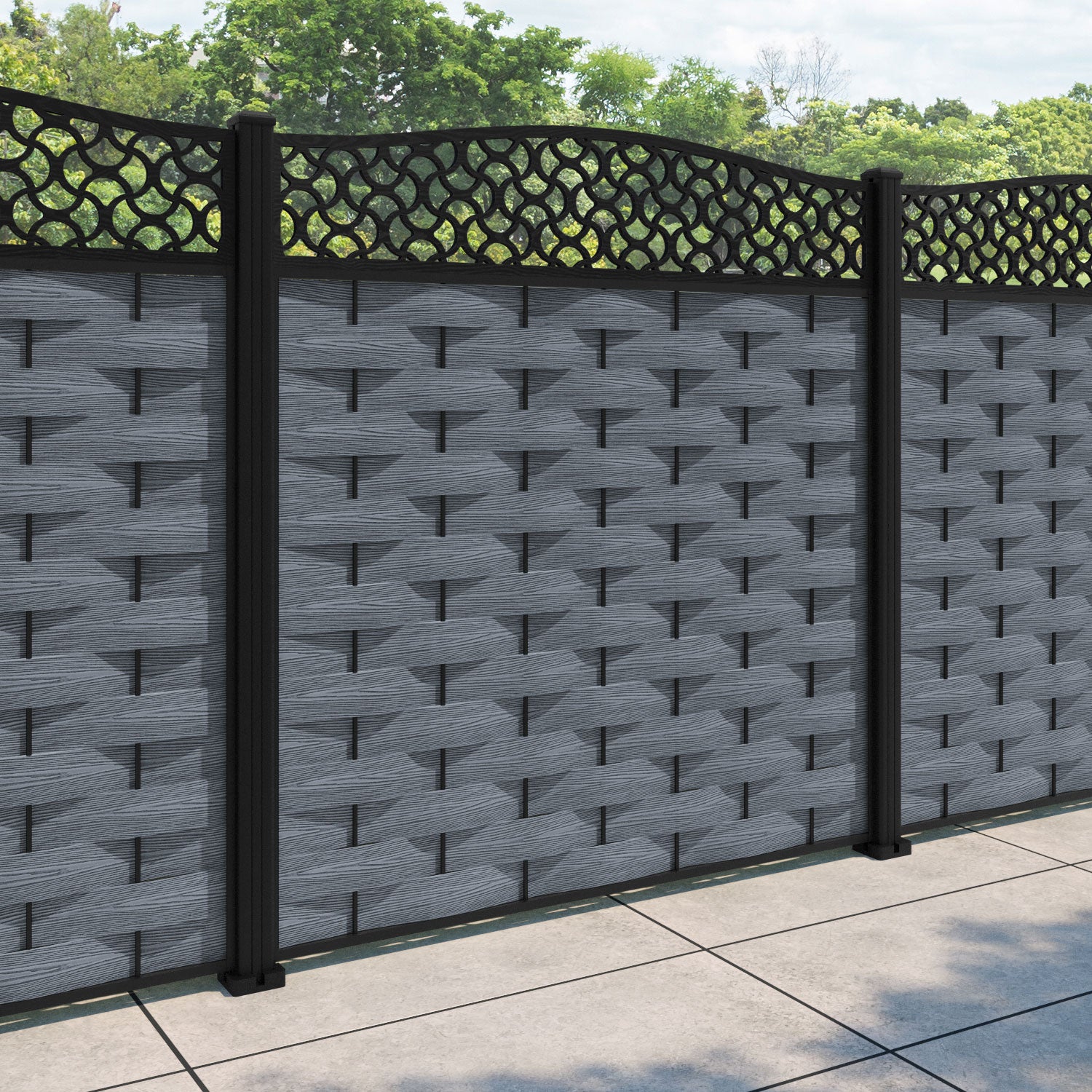 Ripple Vida Curved Top Fence Panel - Anthracite - with our aluminium posts
