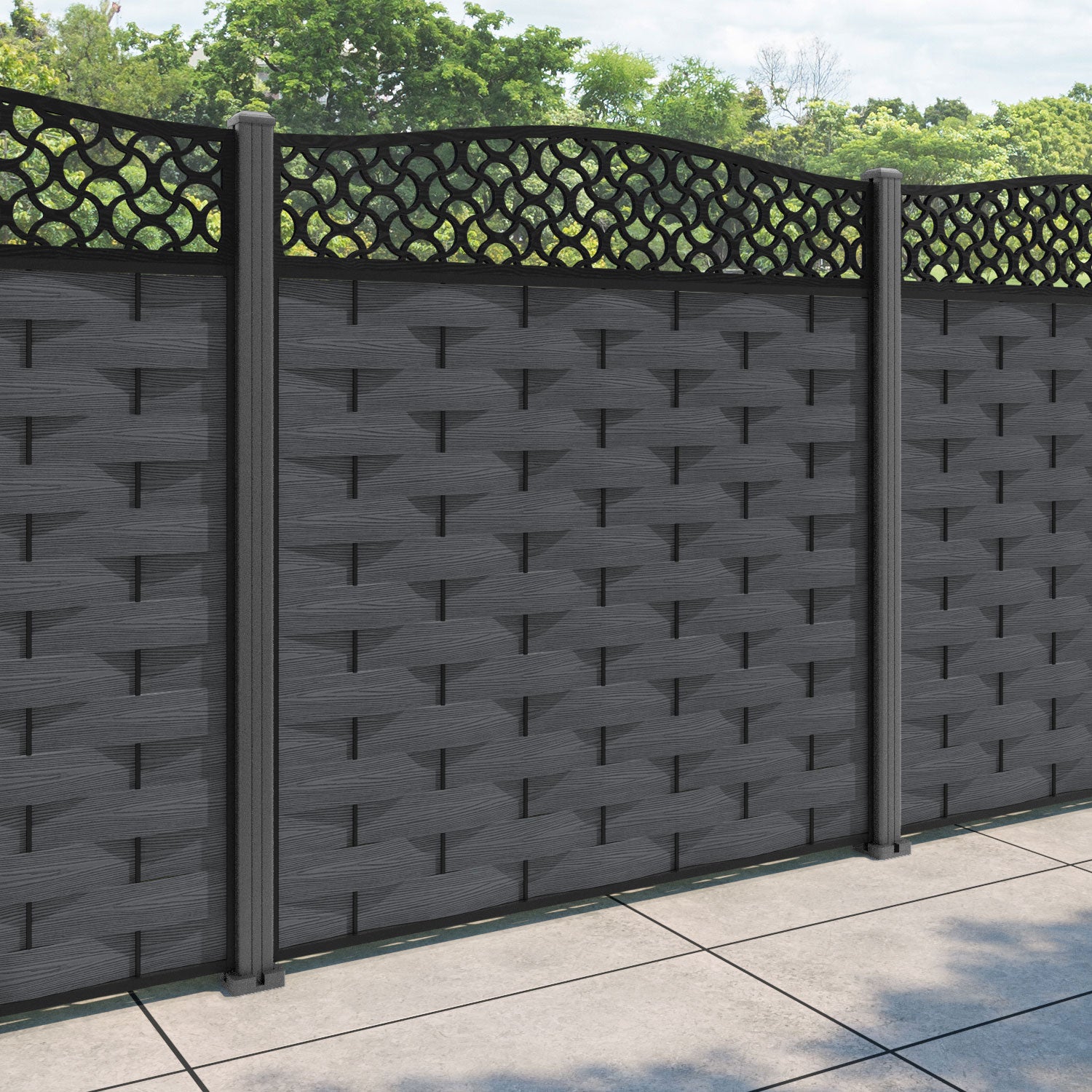 Ripple Vida Curved Top Fence Panel - Dark Grey - with our aluminium posts